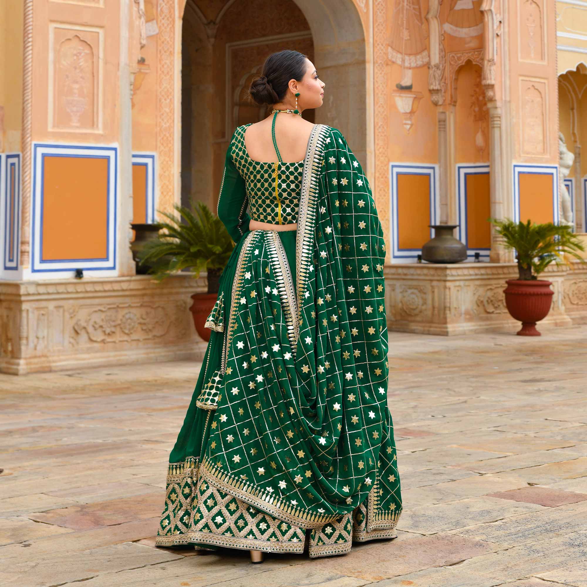 Tara Sitara- Deep Green Sequin Embroidered Georgette Lehenga Set