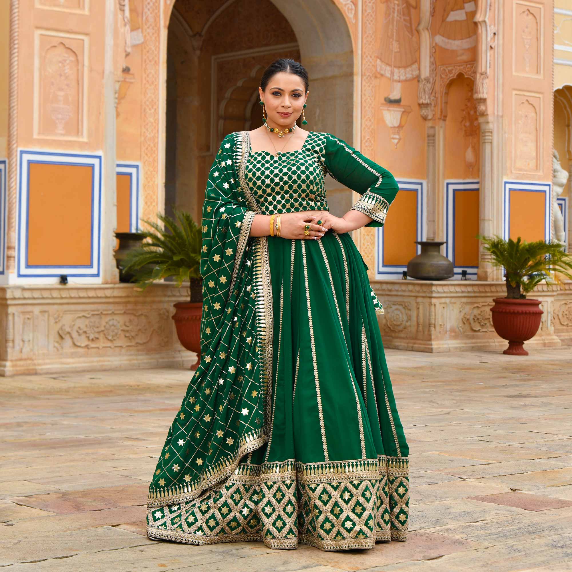 Tara Sitara- Deep Green Sequin Embroidered Georgette Lehenga Set