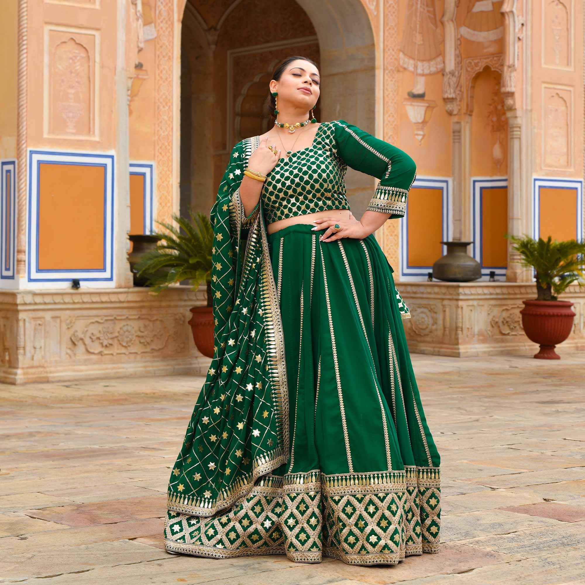 Green Multi Color Thread Embroidery Georgette Lehenga Set with Motif