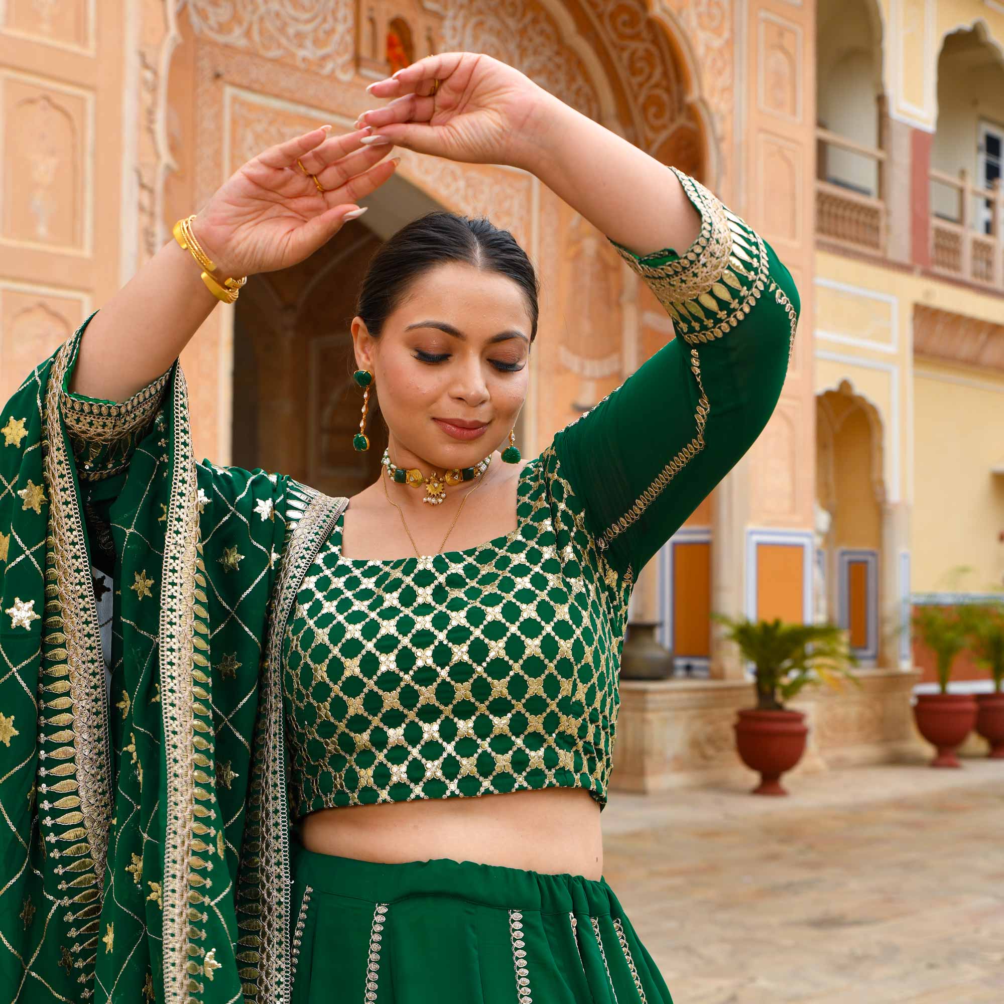 Tara Sitara- Deep Green Sequin Embroidered Georgette Lehenga Set