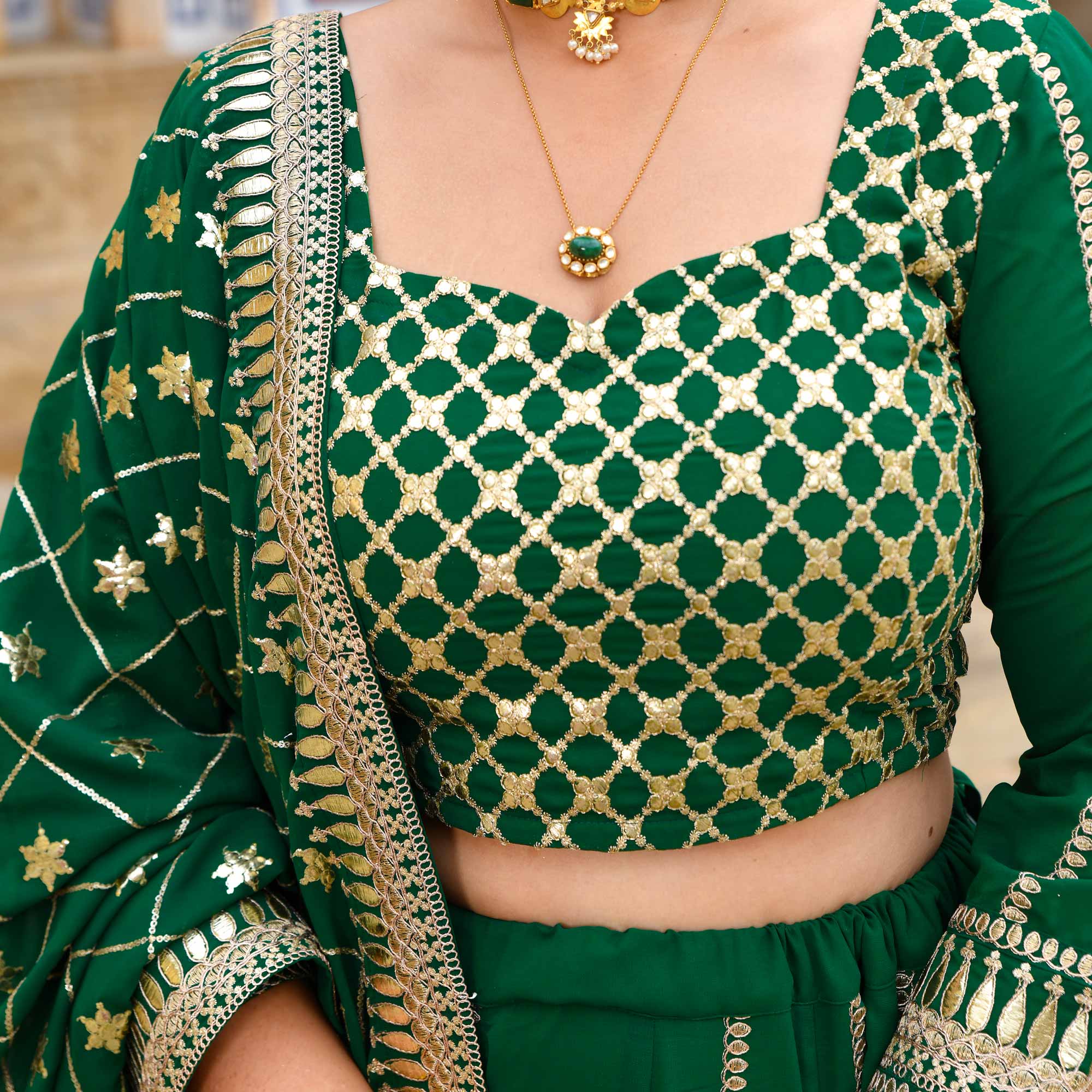 Tara Sitara- Deep Green Sequin Embroidered Georgette Lehenga Set