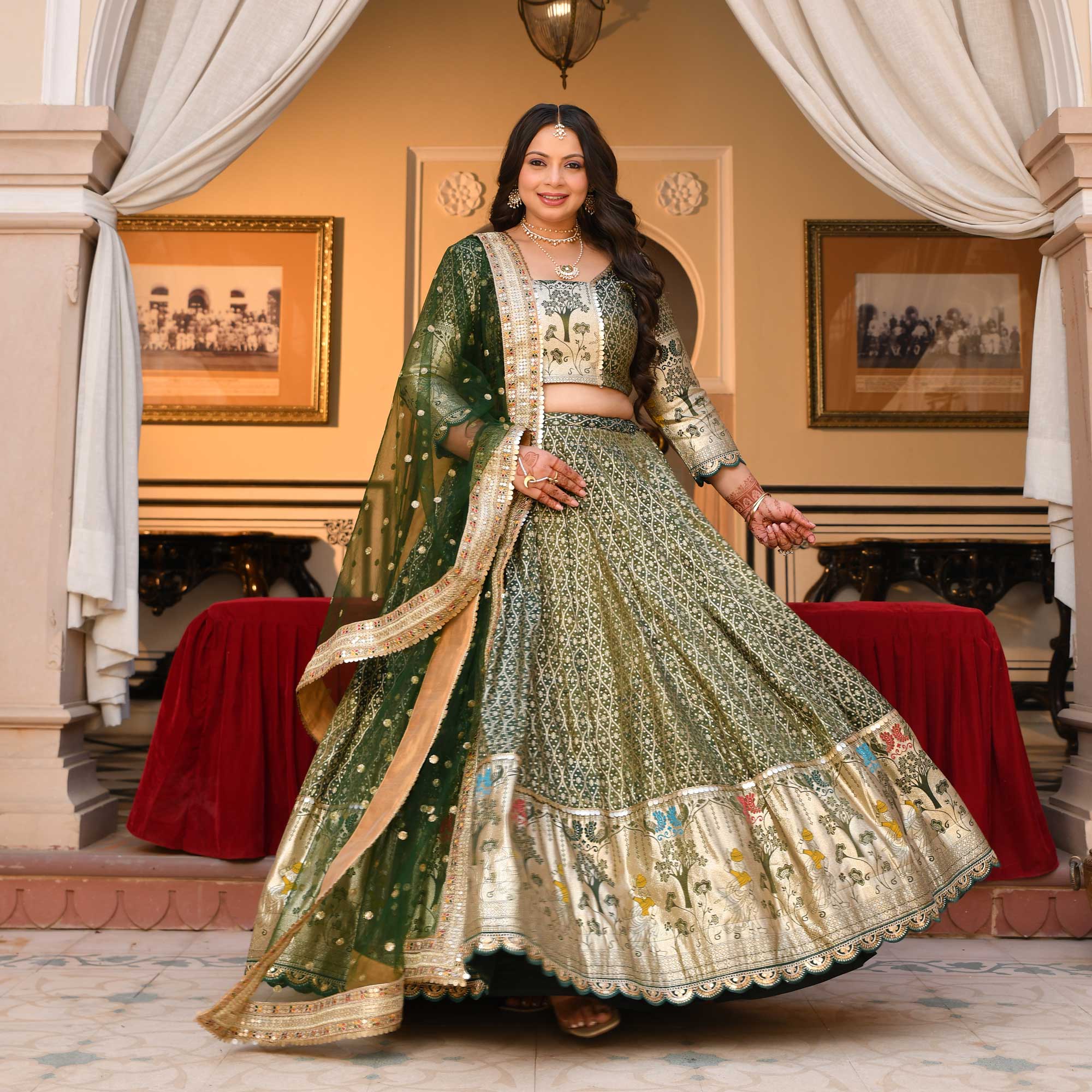 Harini- Mehendi green Banarasi Silk Lehenga Set