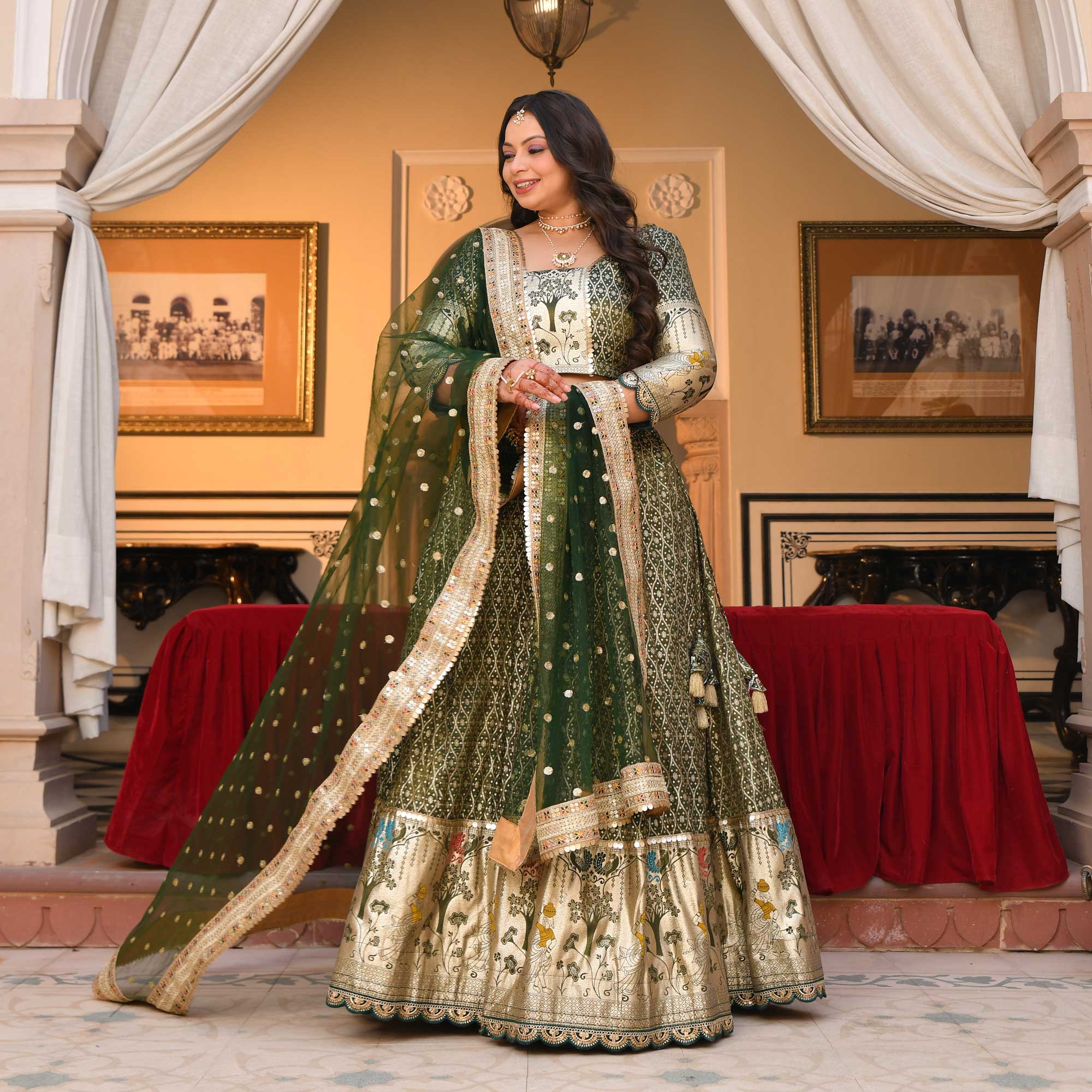Harini- Mehendi green Banarasi Silk Lehenga Set