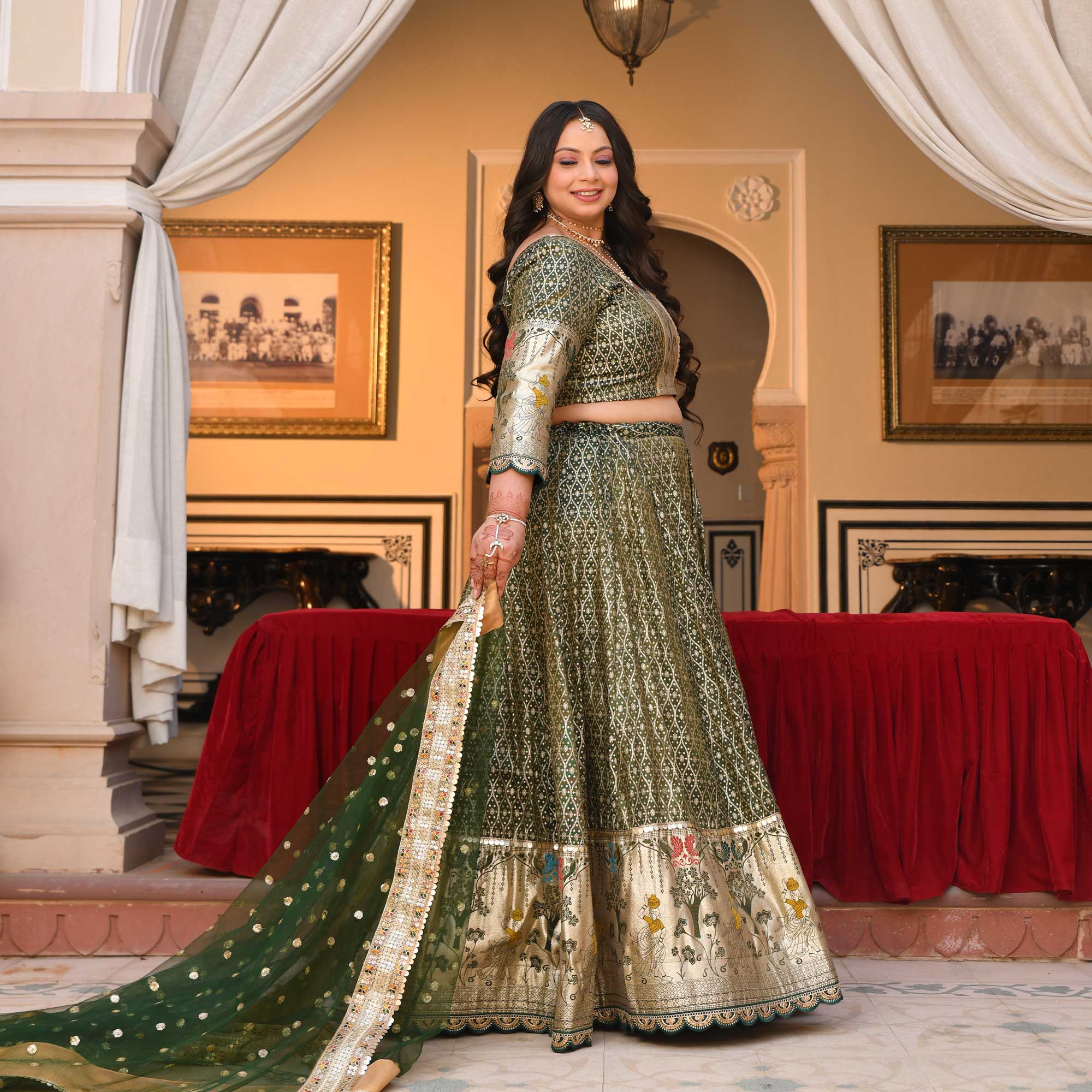 Harini- Mehendi green Banarasi Silk Lehenga Set
