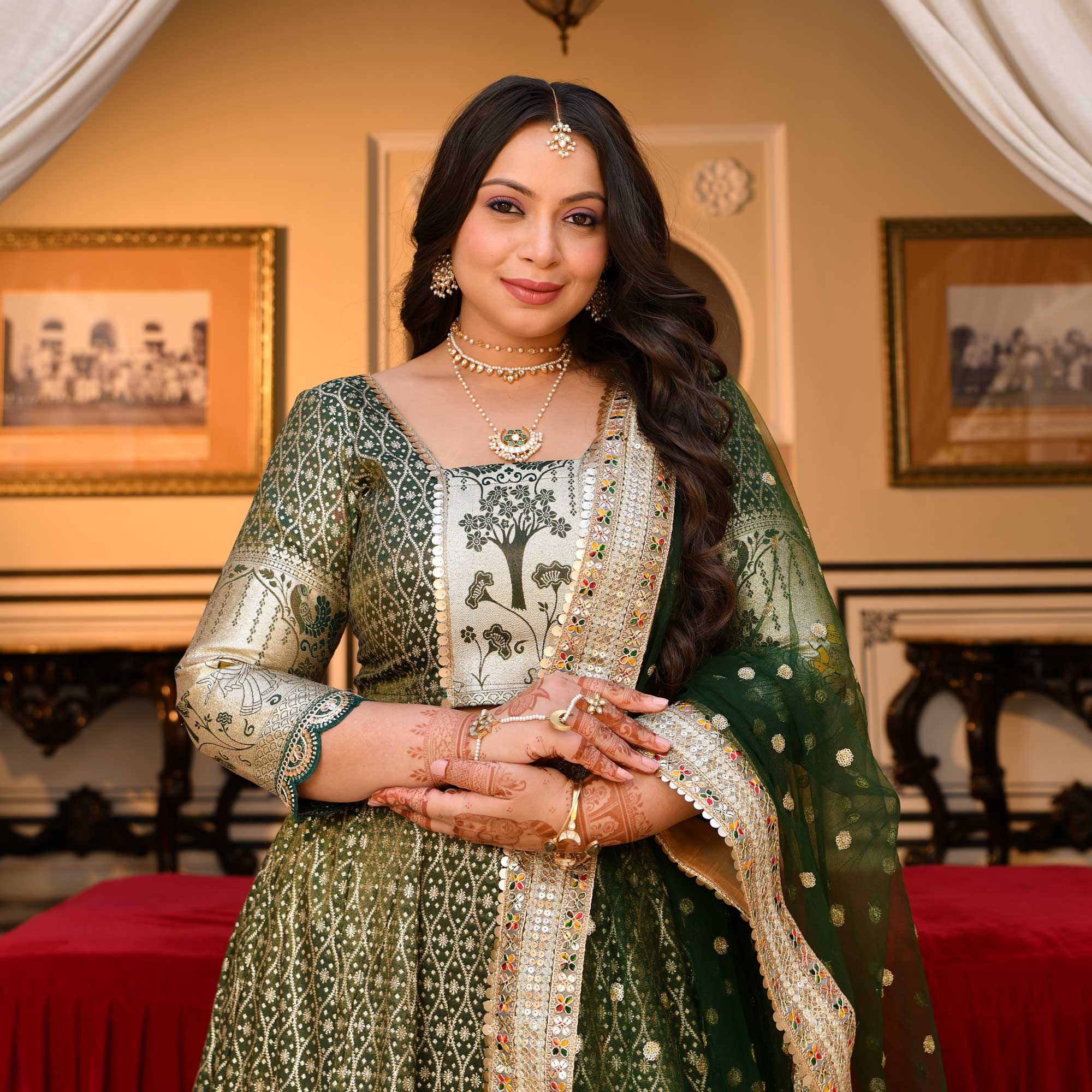 Harini- Mehendi green Banarasi Silk Lehenga Set