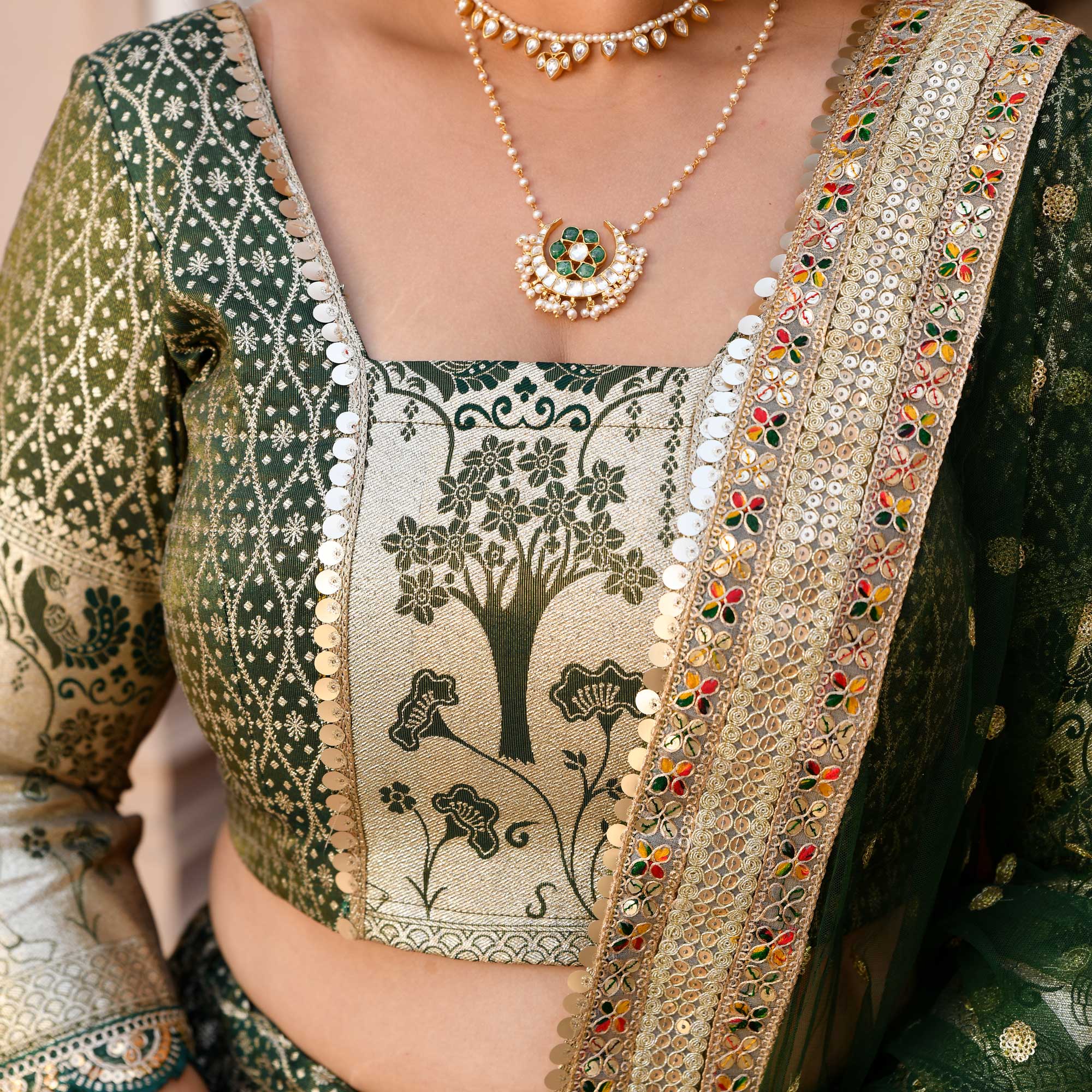 Harini- Mehendi green Banarasi Silk Lehenga Set