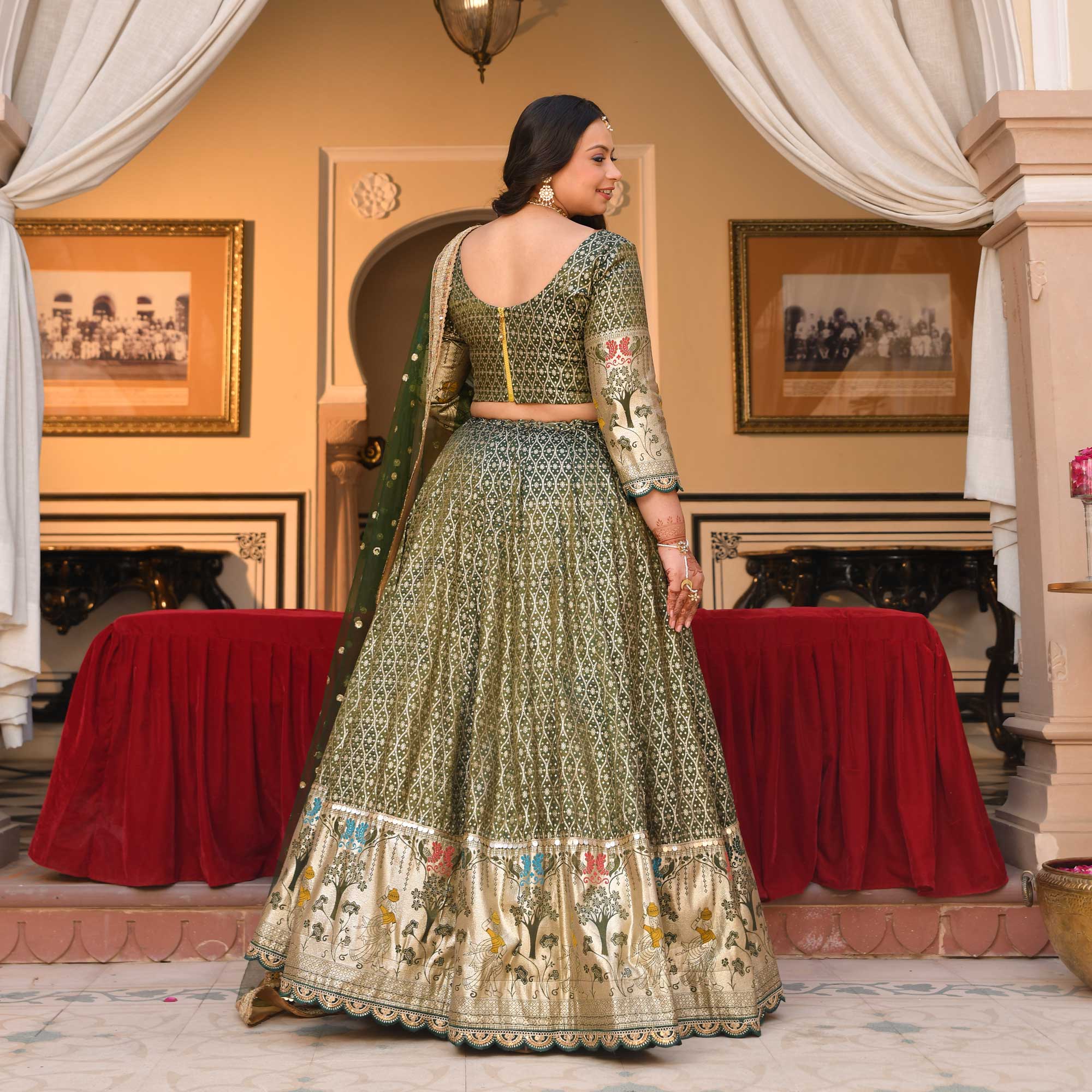 Harini- Mehendi green Banarasi Silk Lehenga Set