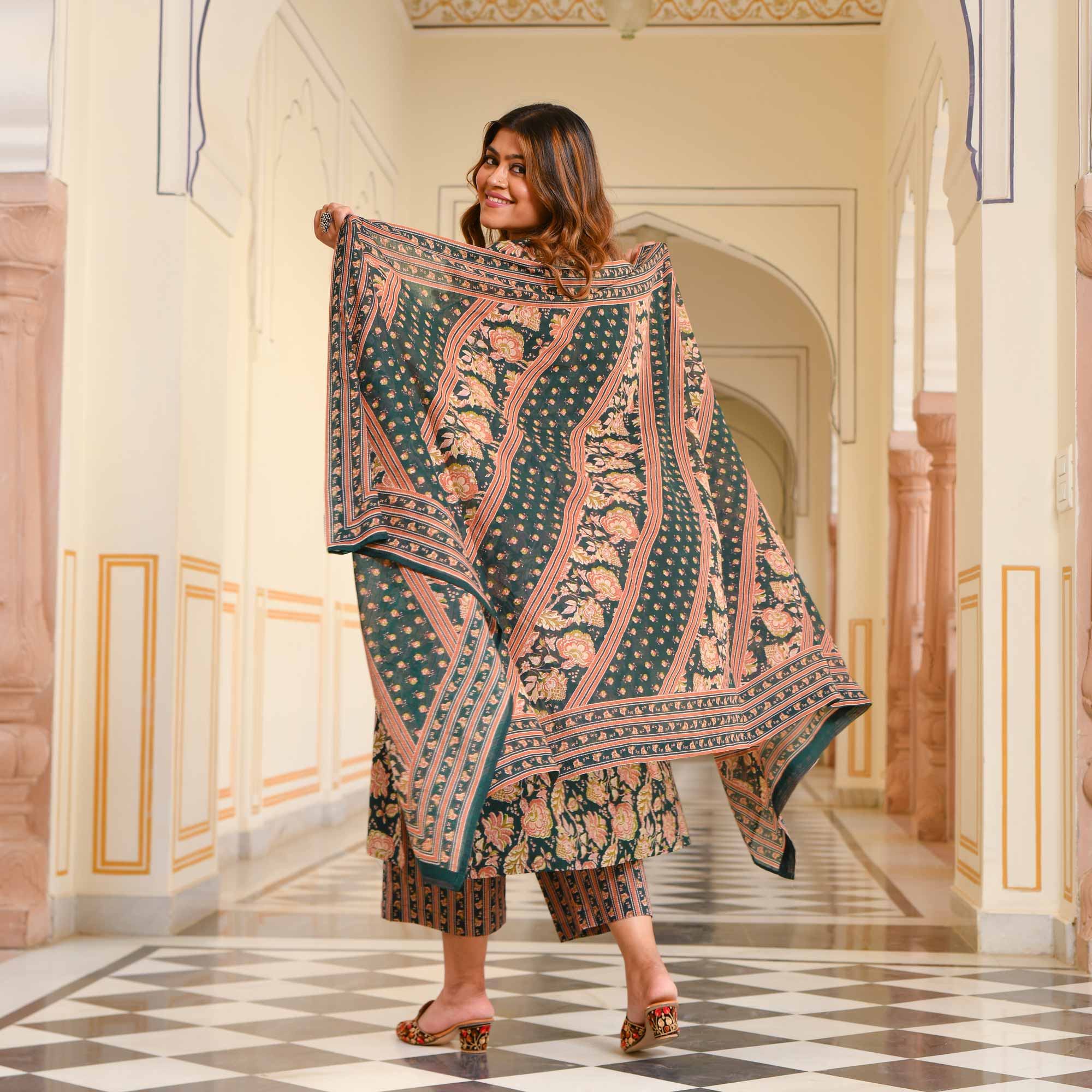 Jade & Peach Floral Cotton Suit Set