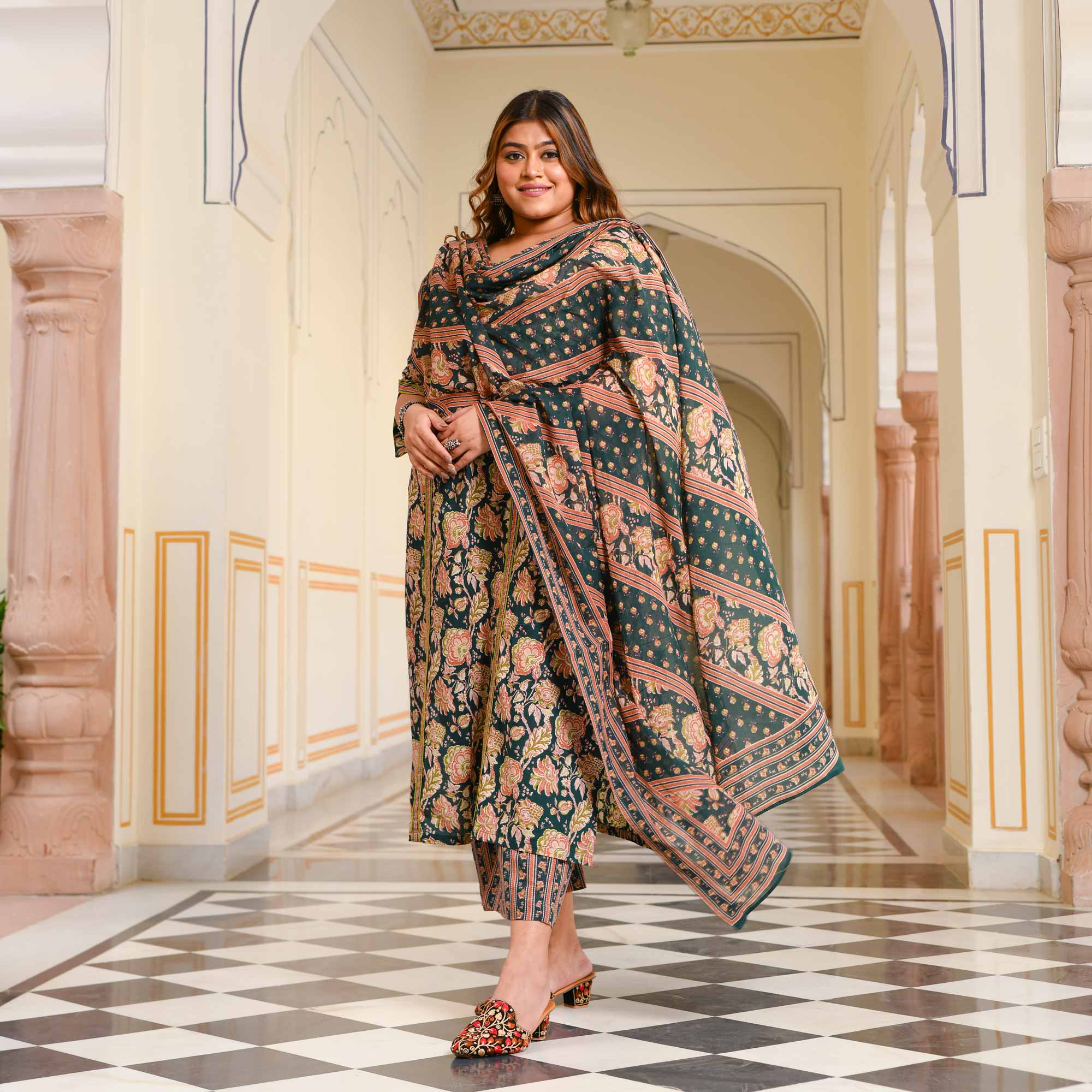 Jade & Peach Floral Cotton Suit Set