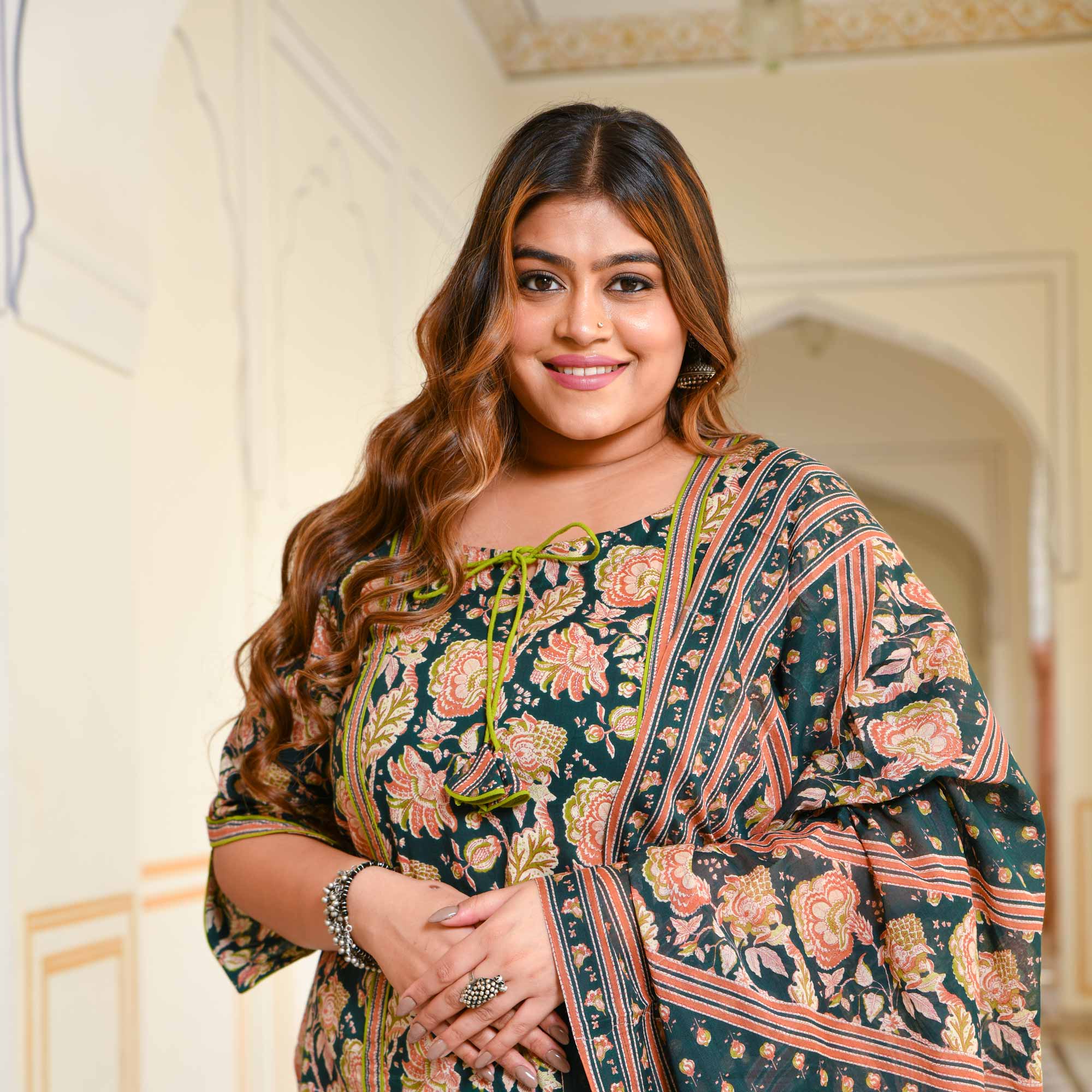 Jade & Peach Floral Cotton Suit Set