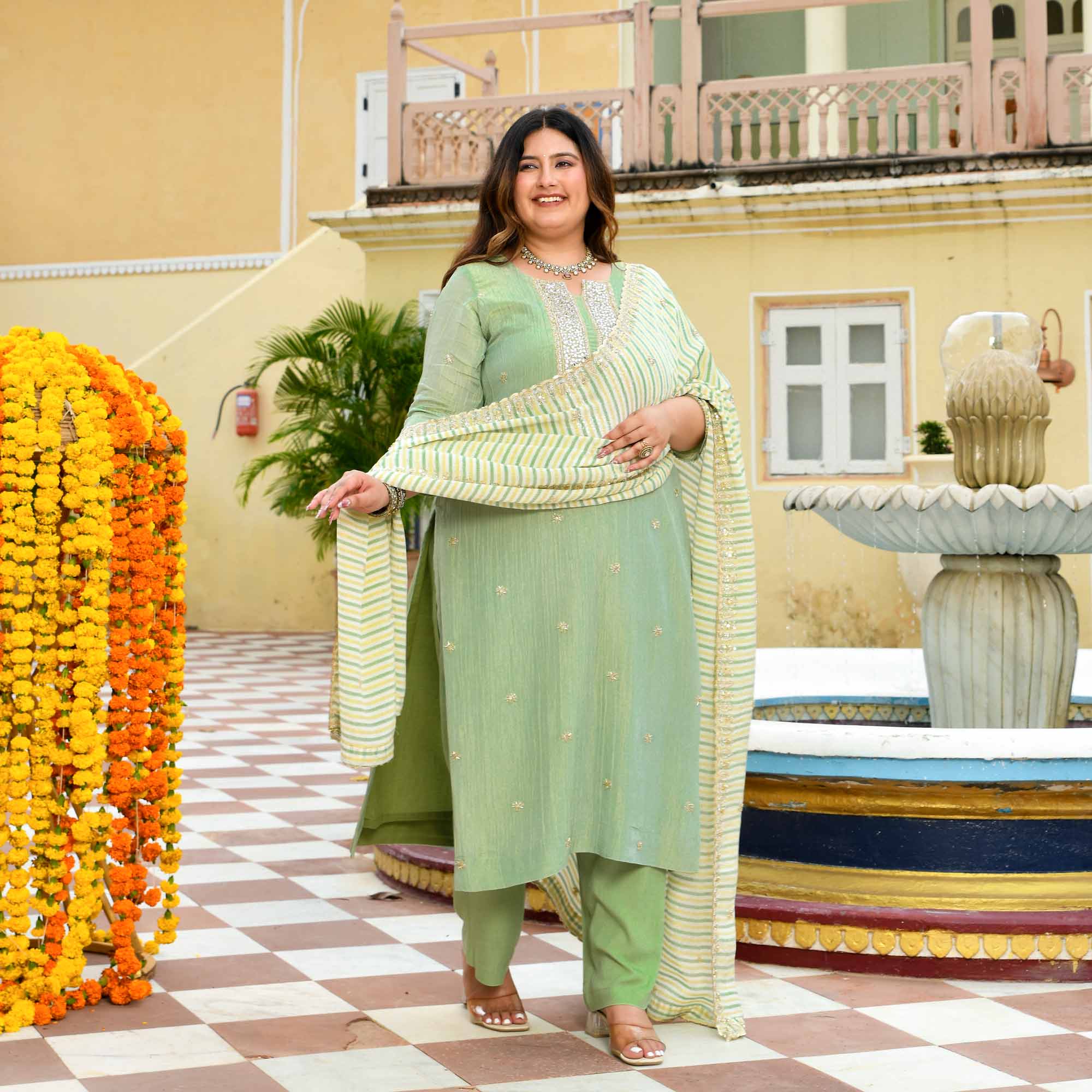 Mrinal - Mint Green Pure Viscose Tissue Crush Cutdana Embroidered Suit Set