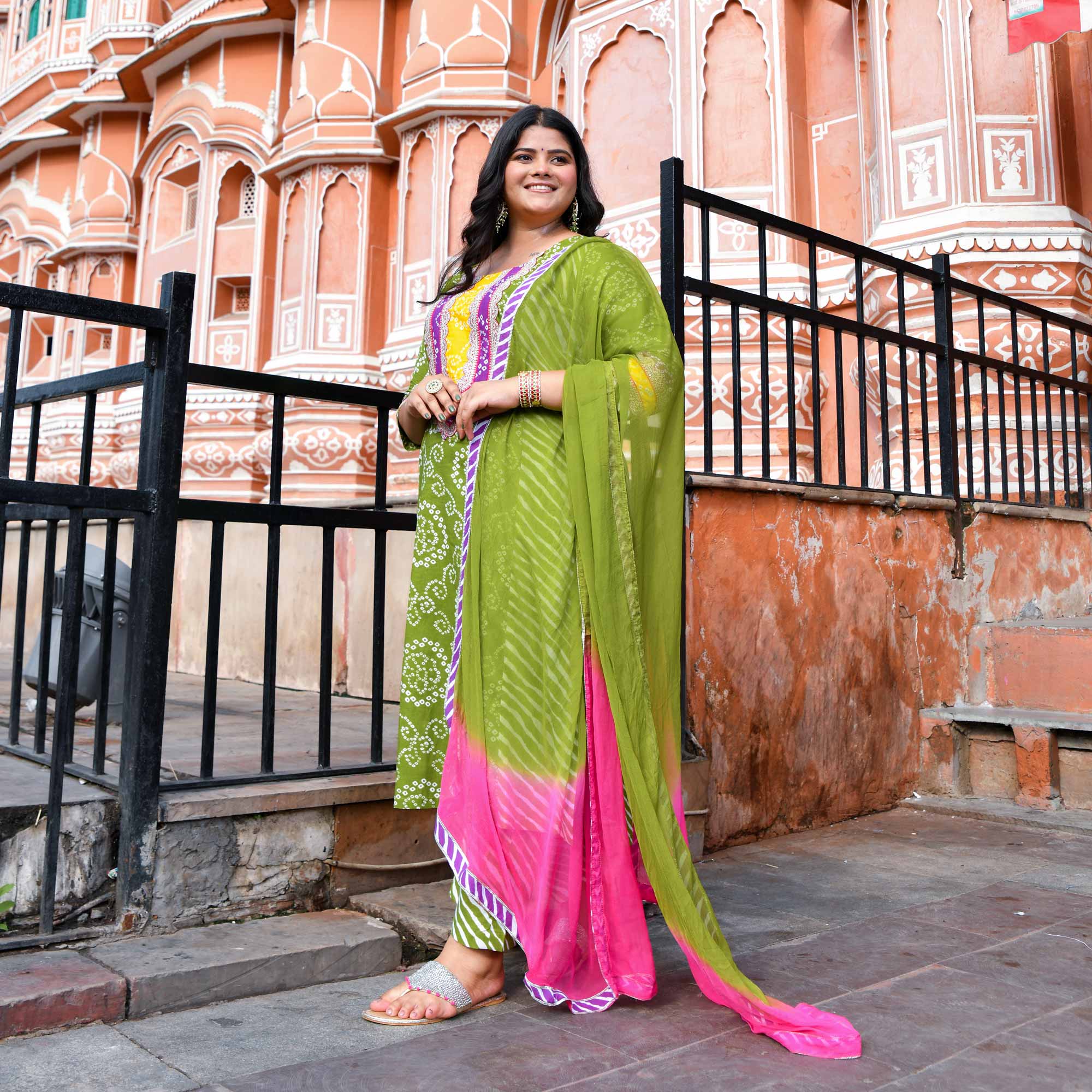 Saanjh - Green Bandhani Cotton Gota Kurta