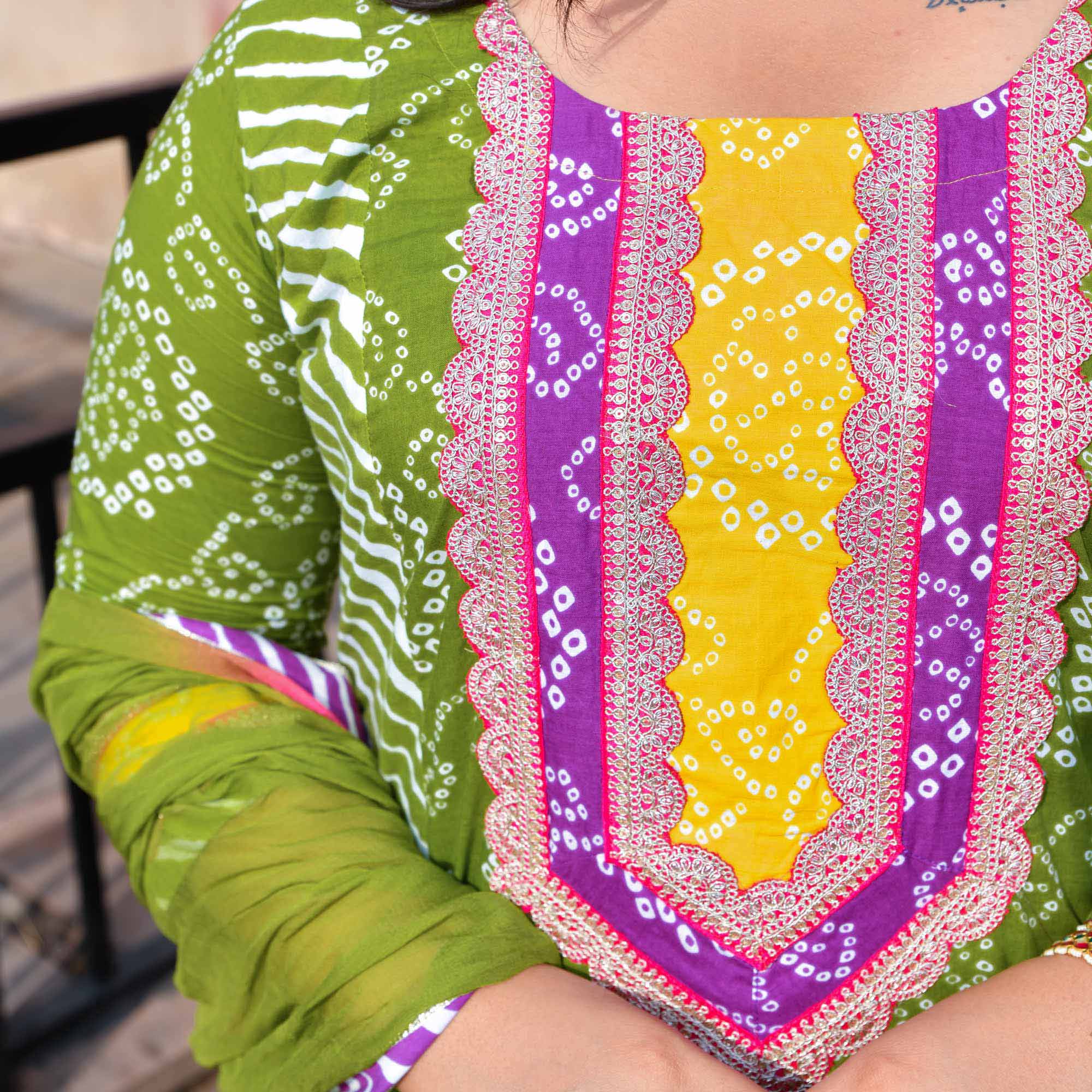 Saanjh - Green Bandhani Cotton Gota Suit Set