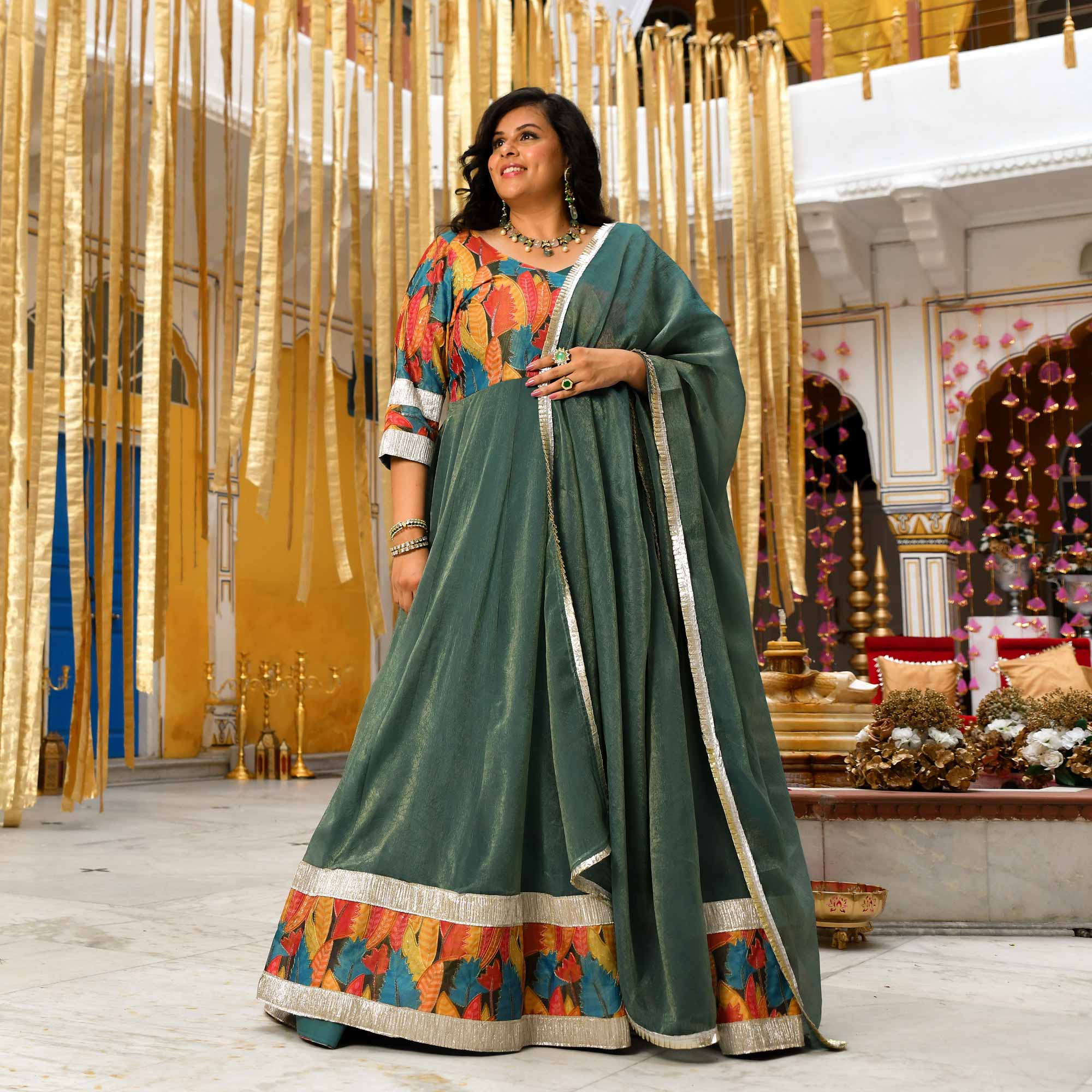 Forest Dew-Sage green Tissue Silk Anarkali