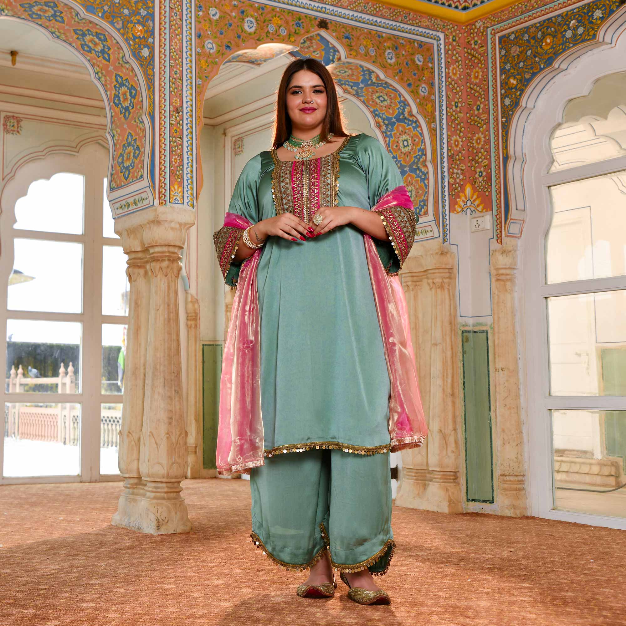 Banjara Sitara- Sea Green Silk Embroidered Suit Set