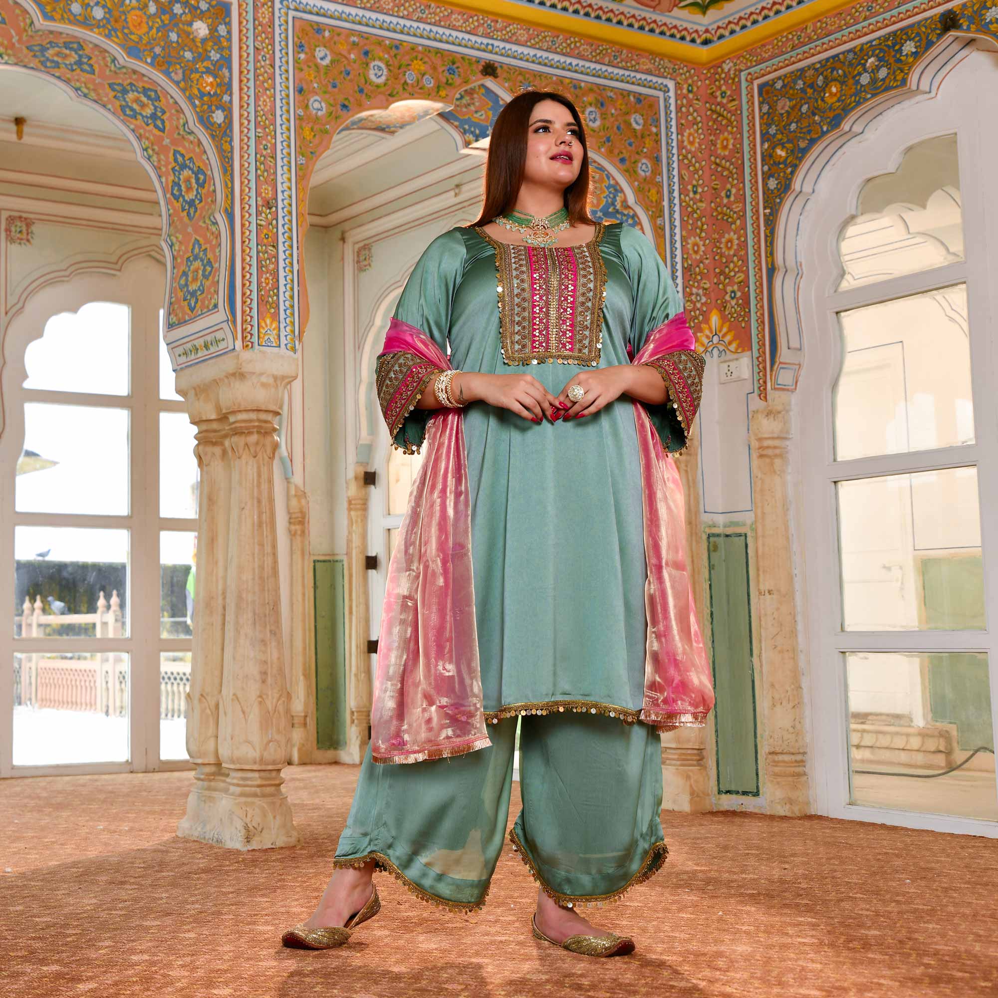 Banjara Sitara- Sea Green Silk Embroidered Suit Set