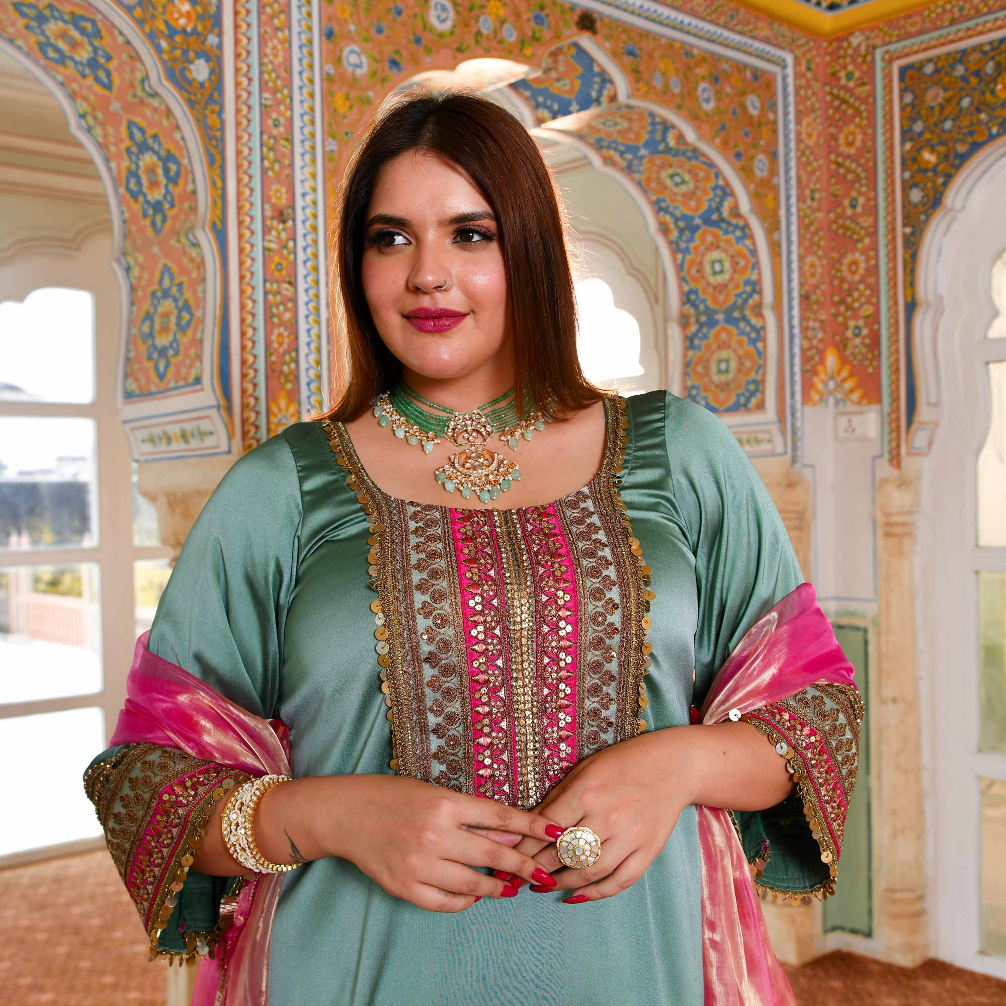 Banjara Sitara- Sea Green Silk Embroidered Suit Set