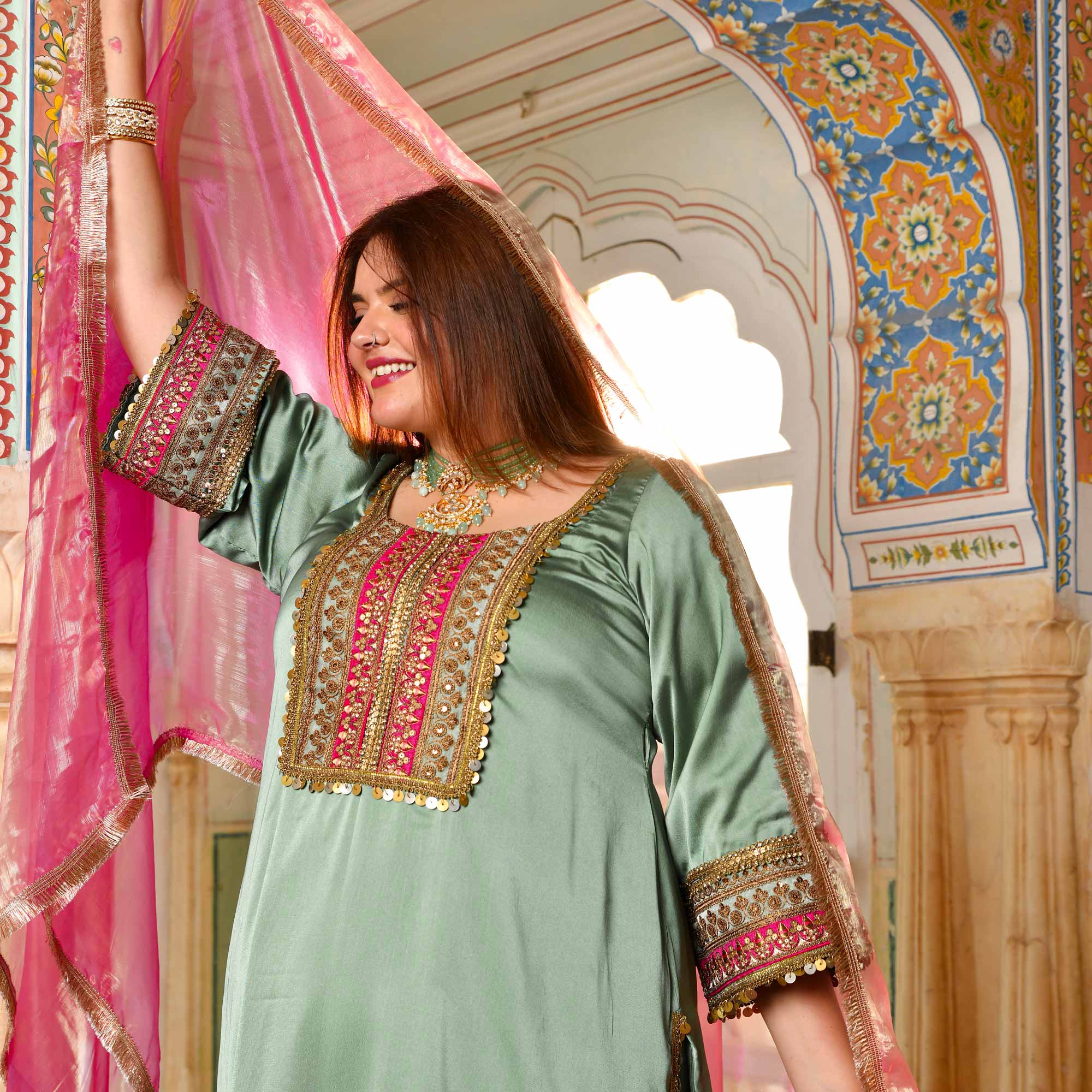 Banjara Sitara- Sea Green Silk Embroidered Suit Set