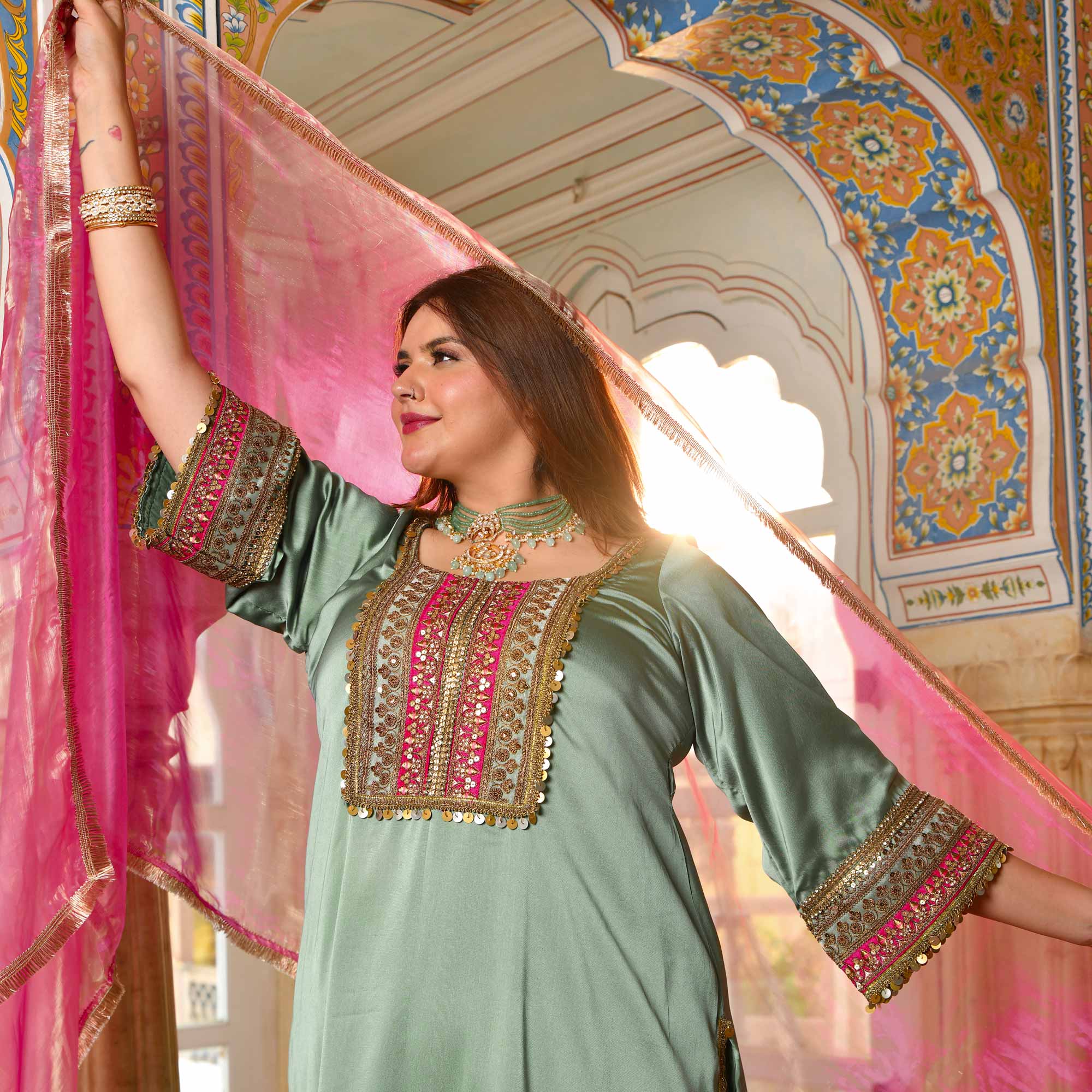 Banjara Sitara- Sea Green Silk Embroidered Suit Set