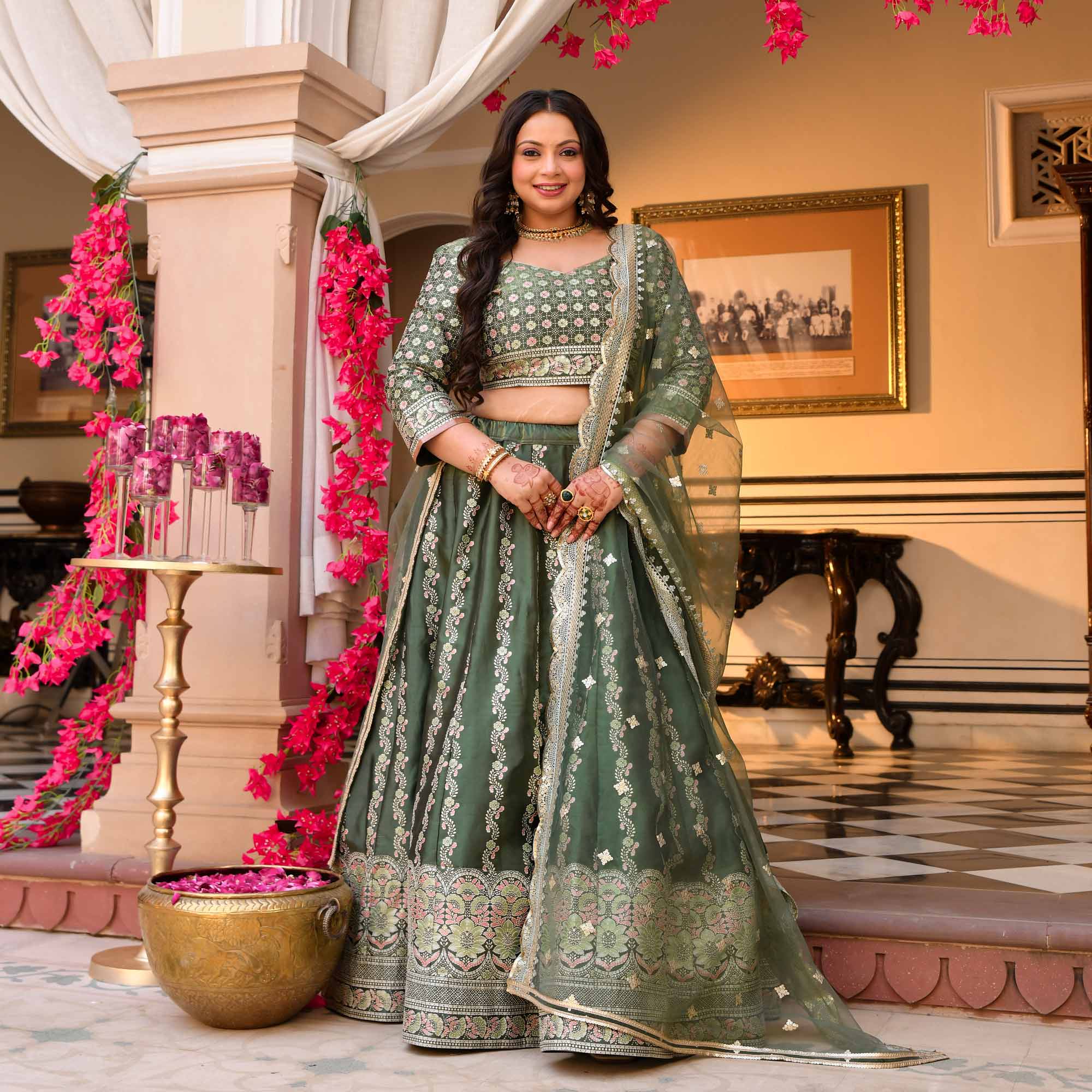 Shyama - Greenish Teal Fusion Lehenga Set