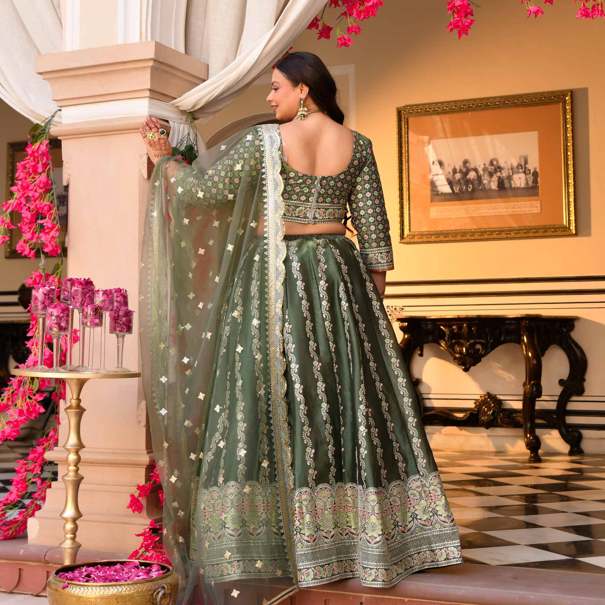 Shyama - Greenish Teal Fusion Lehenga Set