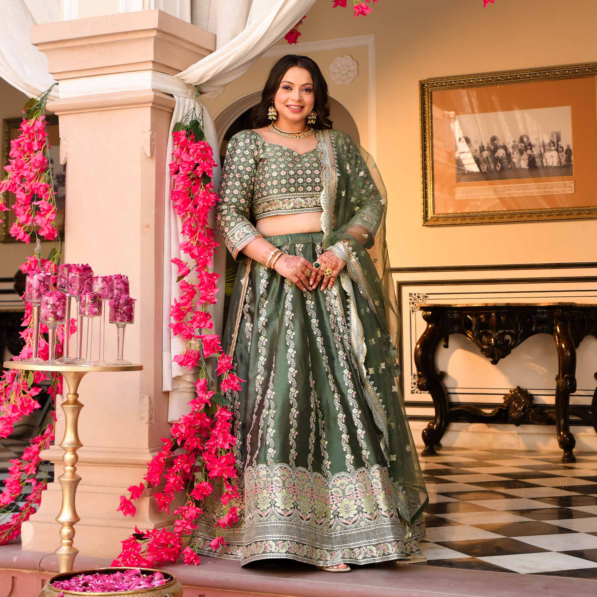 Shyama - Greenish Teal Fusion Lehenga Set