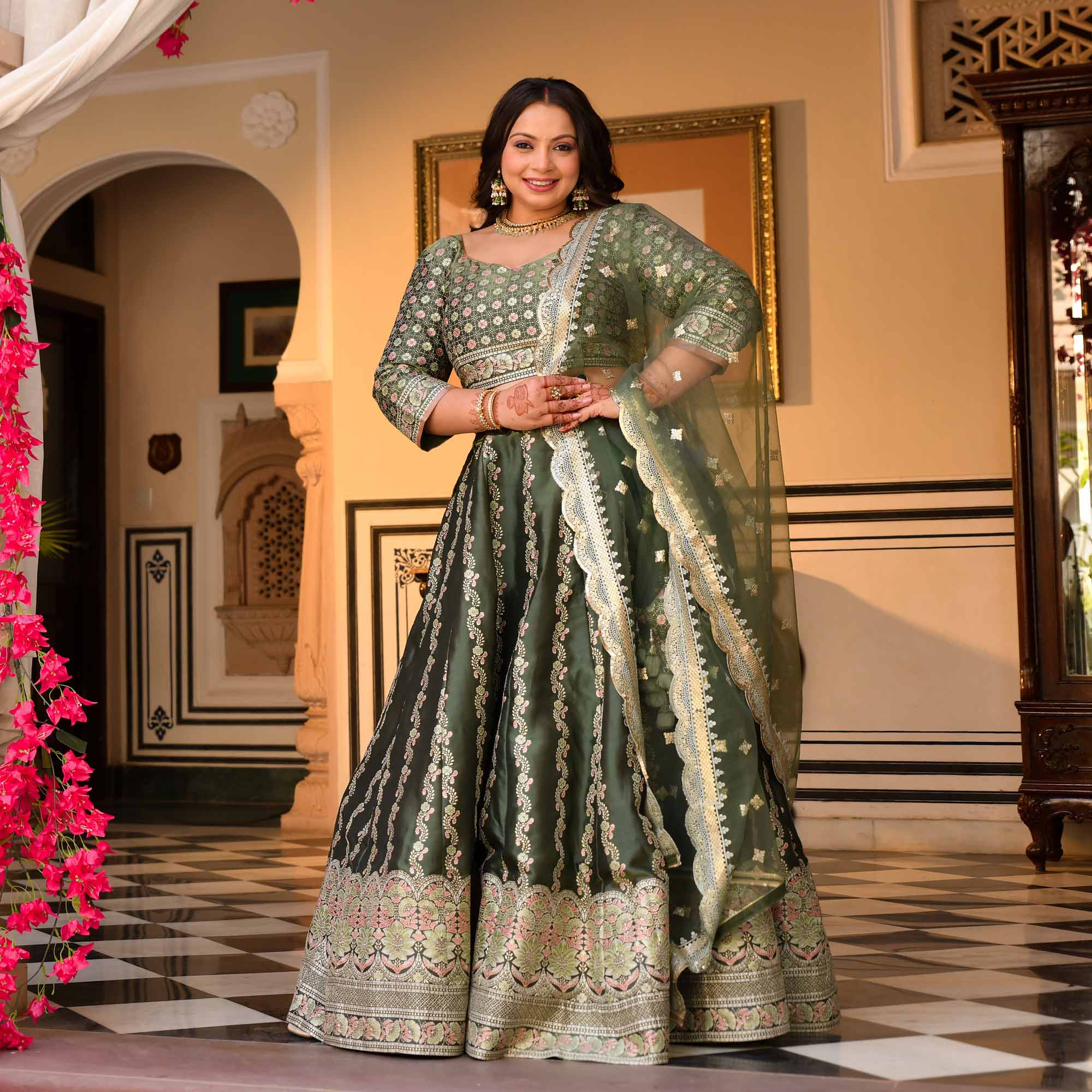 Shyama - Greenish Teal Fusion Lehenga Set