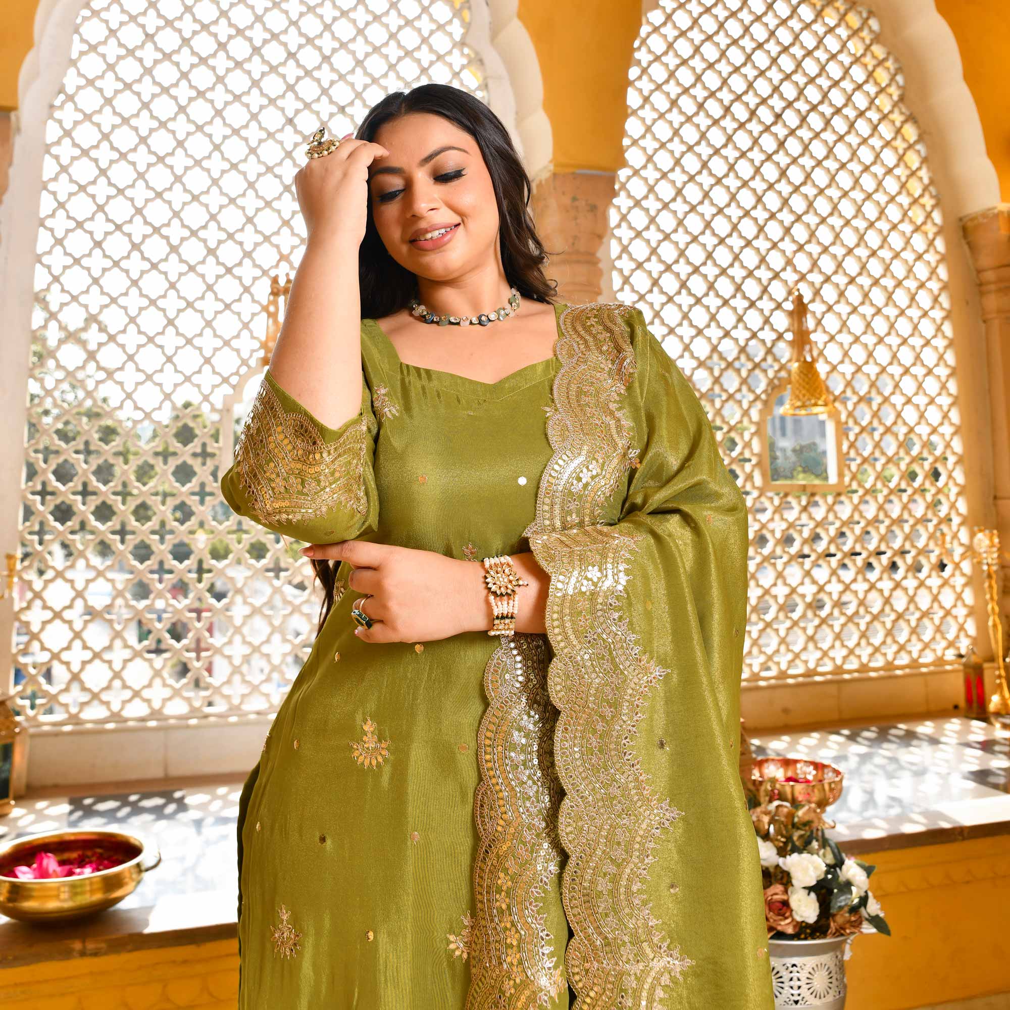 Lush Lime - Green Pure Tissue Silk Embroidered Suit Set