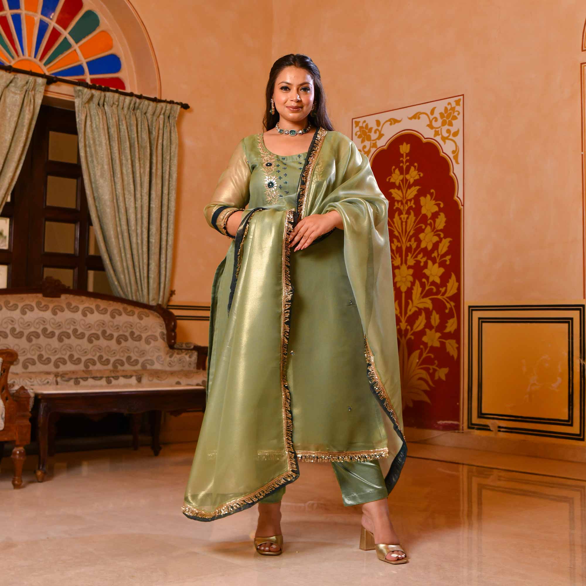 Pista Petal Glitz Tissue Gota Patti Suit Set