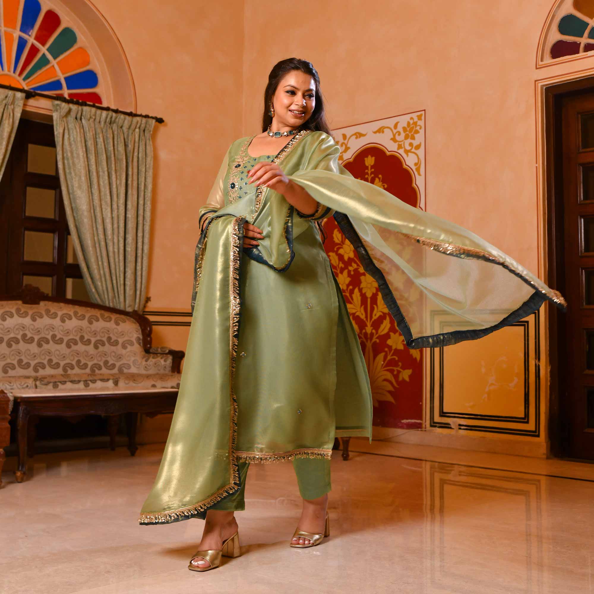 Pista Petal Glitz Tissue Gota Patti Suit Set