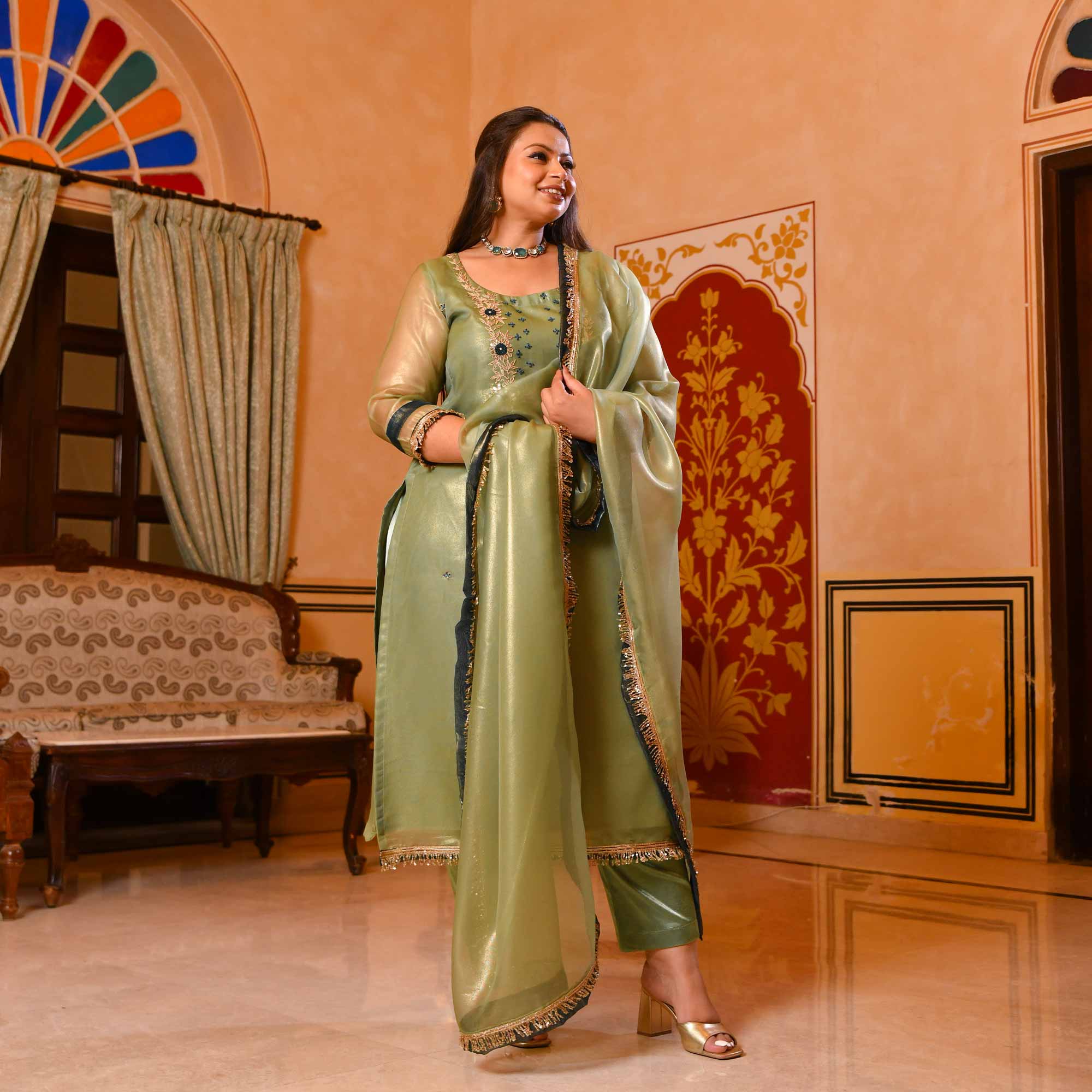 Pista Petal Glitz Tissue Gota Patti Suit Set