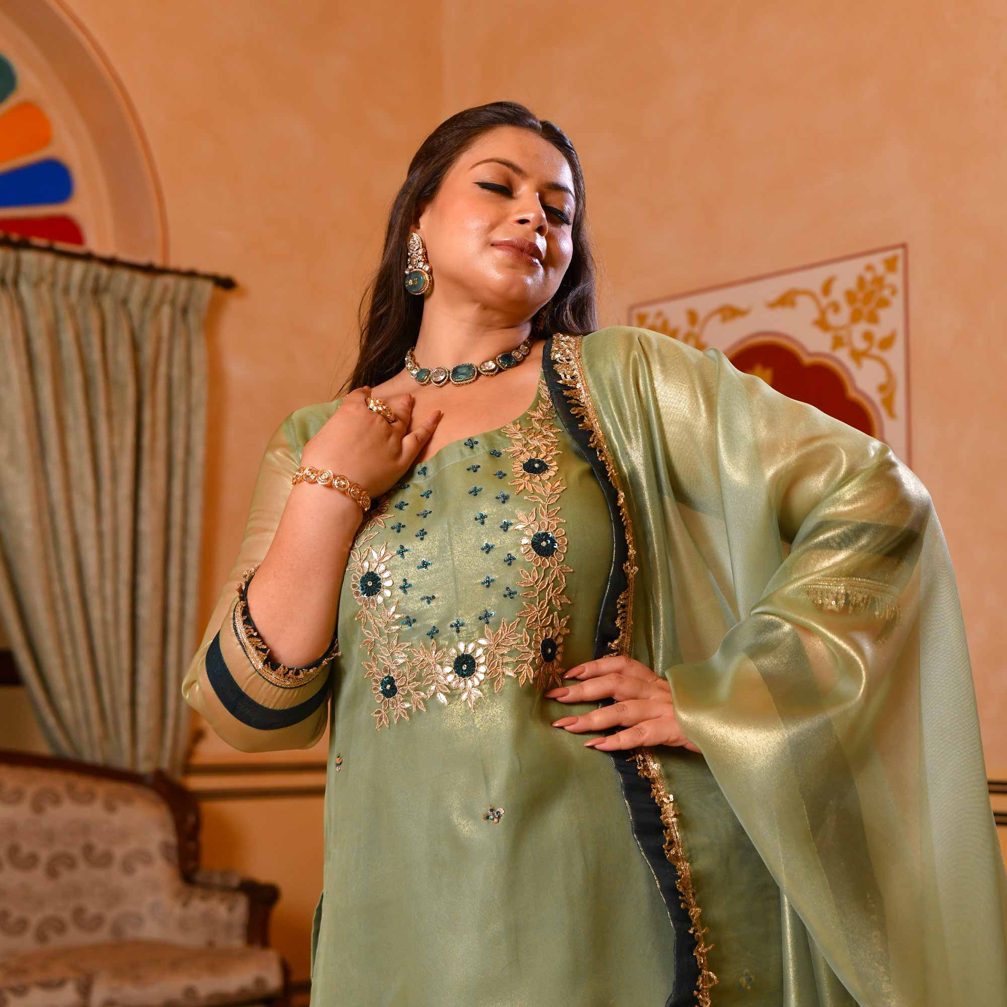 Pista Petal Glitz Tissue Gota Patti Suit Set