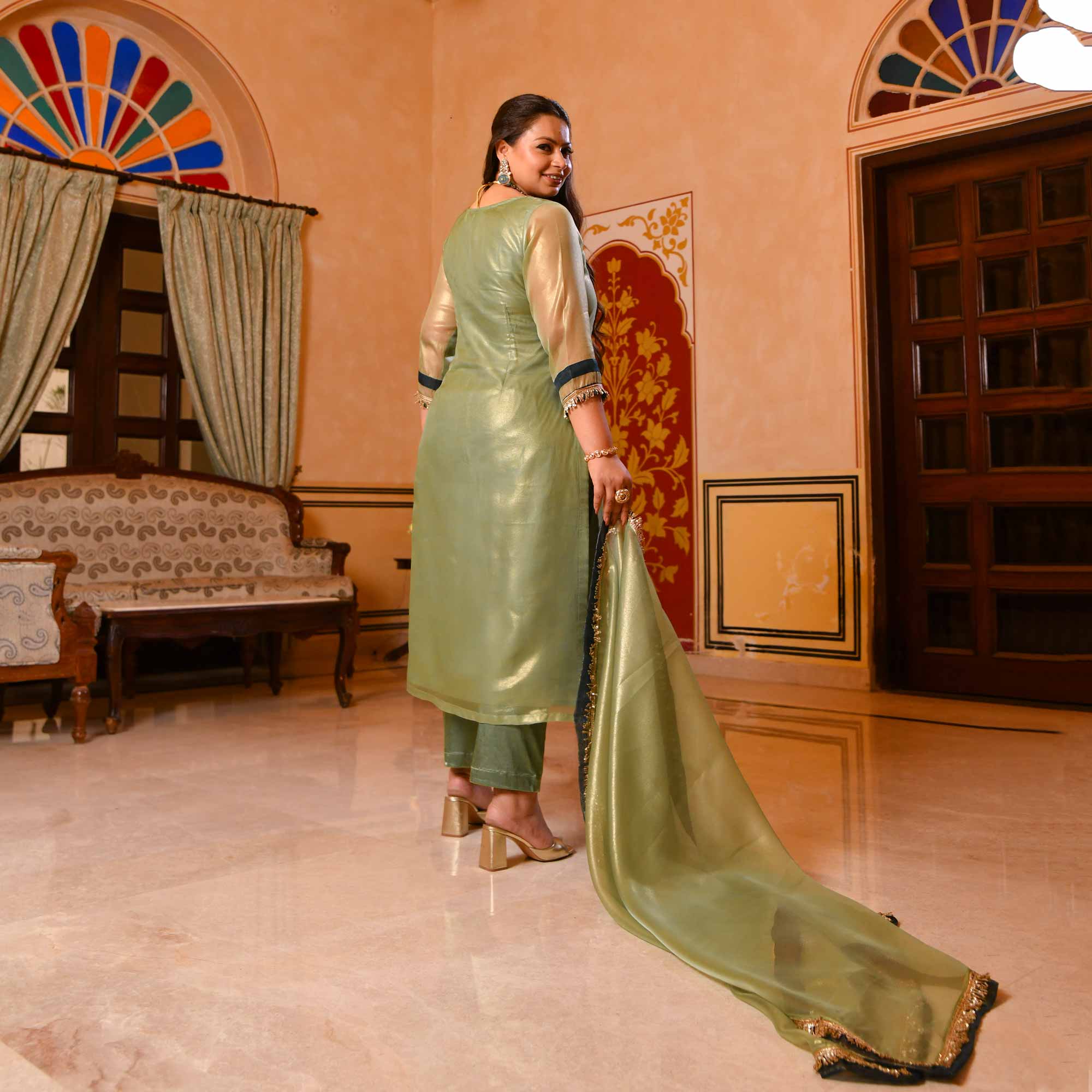 Pista Petal Glitz Tissue Gota Patti Suit Set