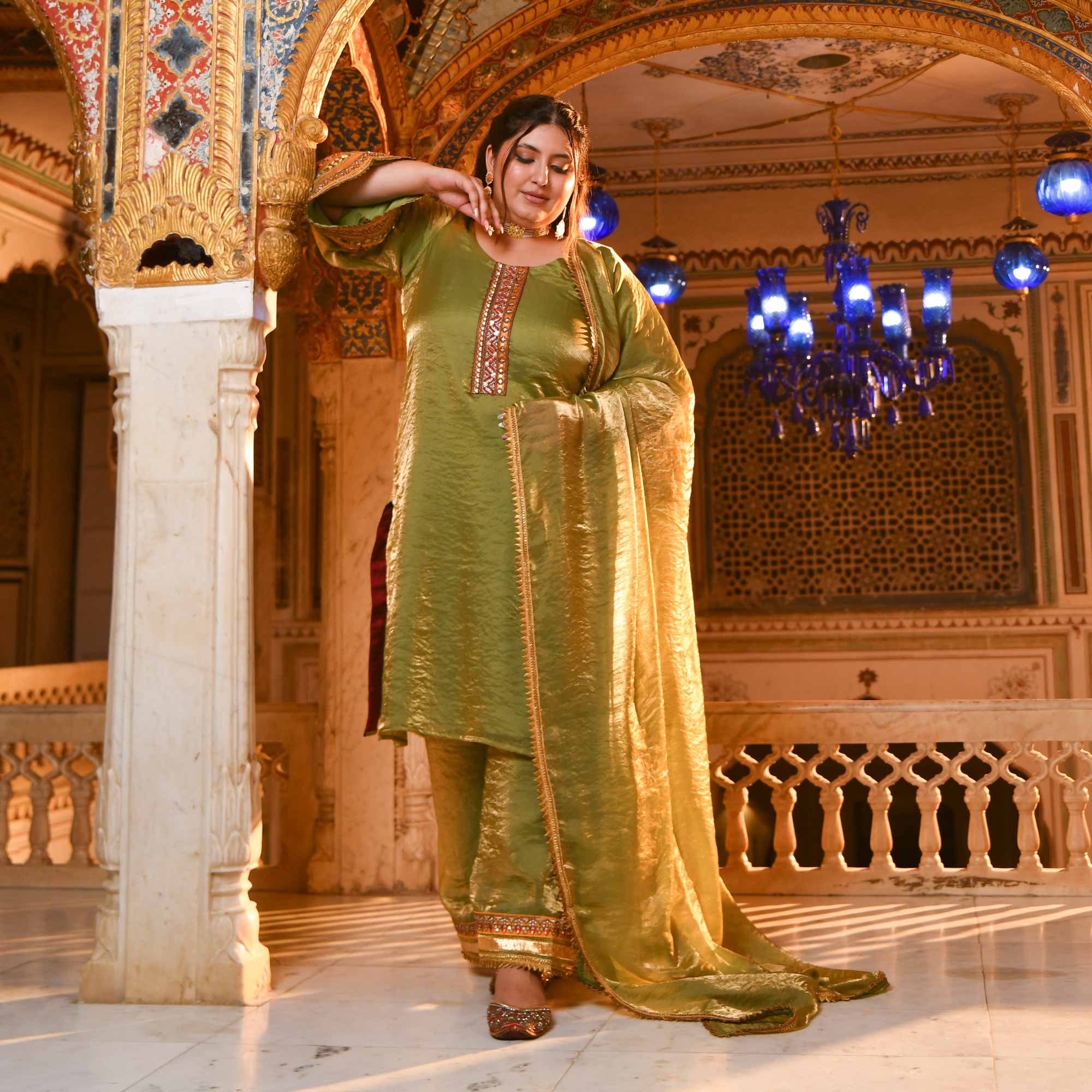 Jagmag Aaina- Mehendi Green Tissue Silk Mirror Embroidered Suit Set