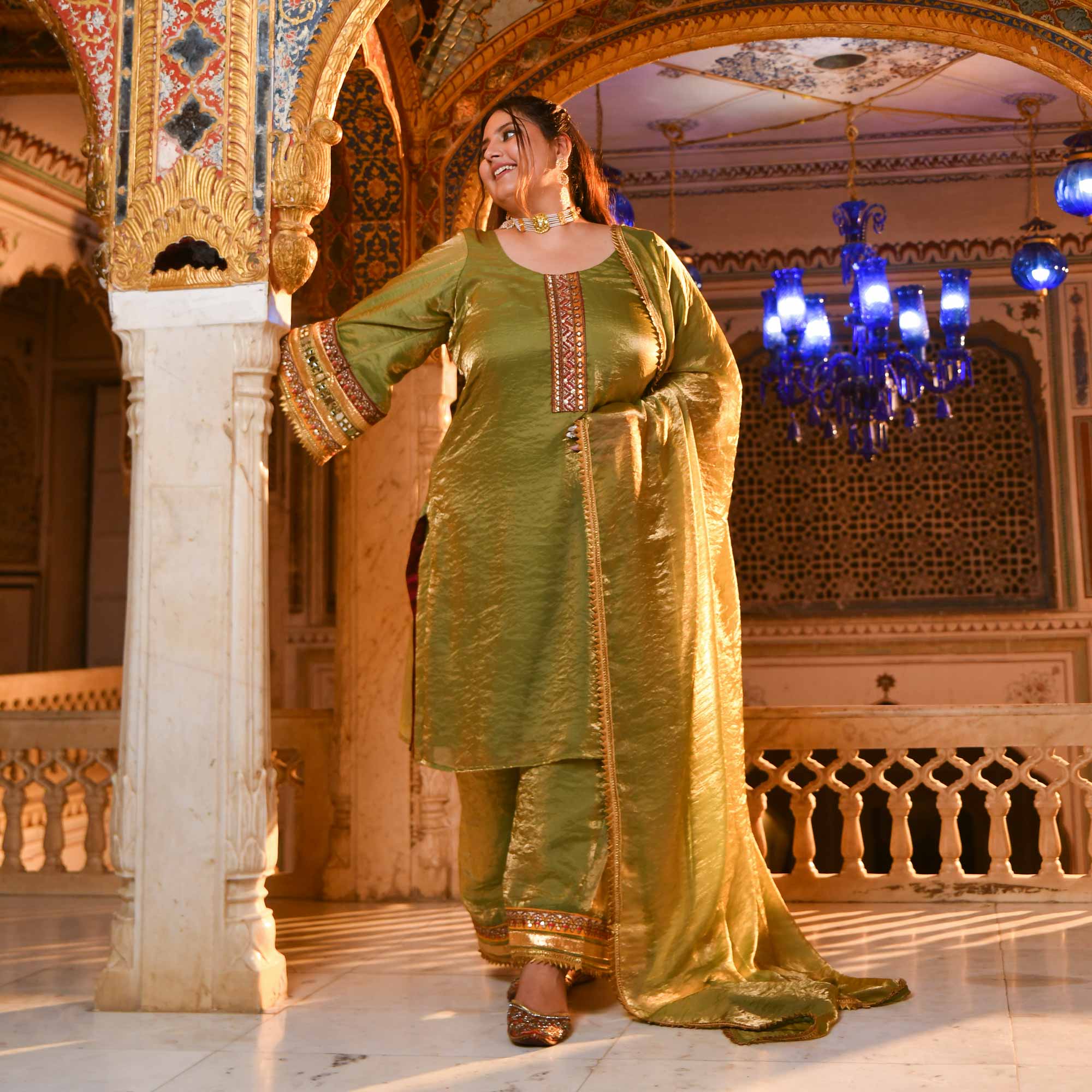 Jagmag Aaina- Mehendi Green Tissue Silk Mirror Embroidered Suit Set
