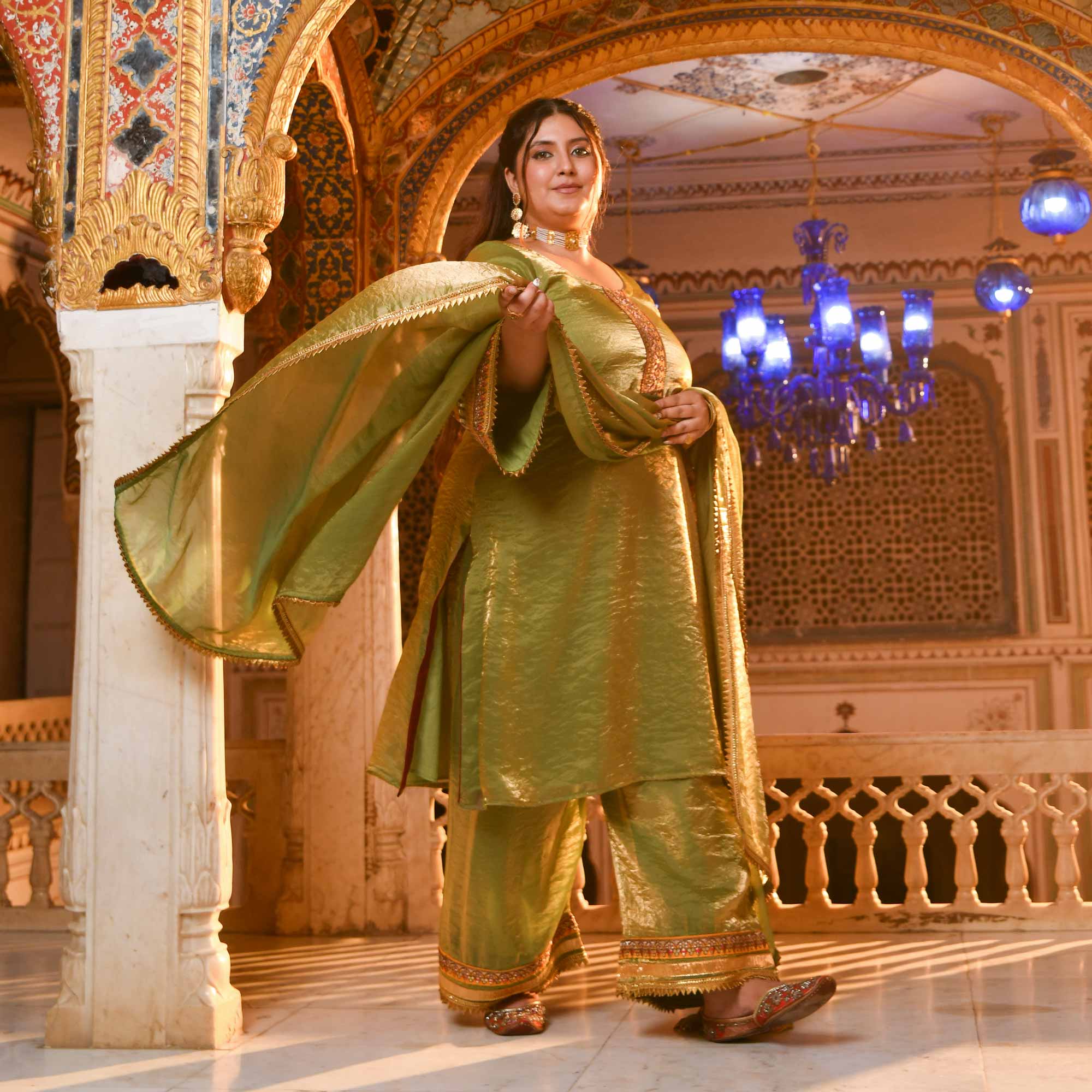 Jagmag Aaina- Mehendi Green Tissue Silk Mirror Embroidered Suit Set