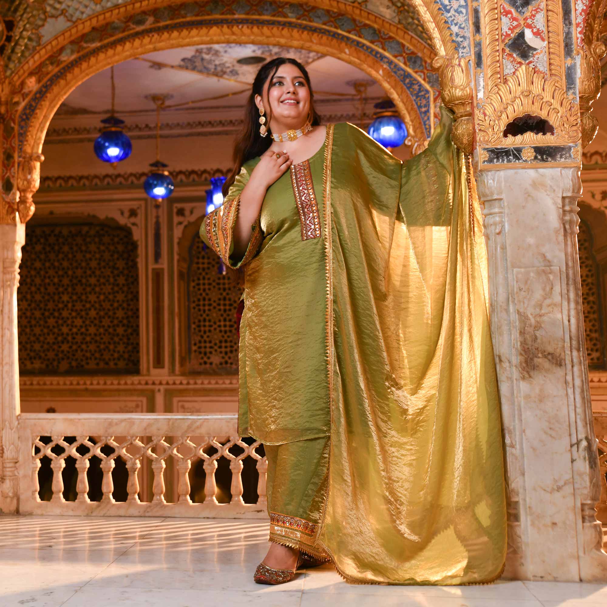 Jagmag Aaina- Mehendi Green Tissue Silk Mirror Embroidered Suit Set