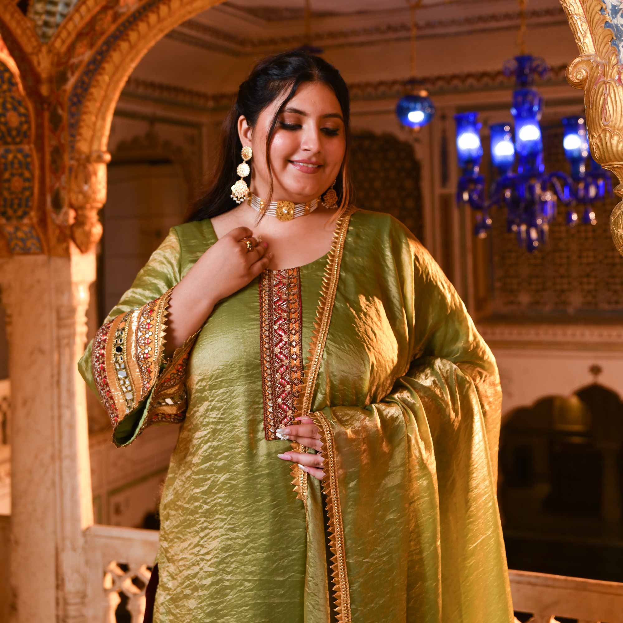 Jagmag Aaina- Mehendi Green Tissue Silk Mirror Embroidered Suit Set