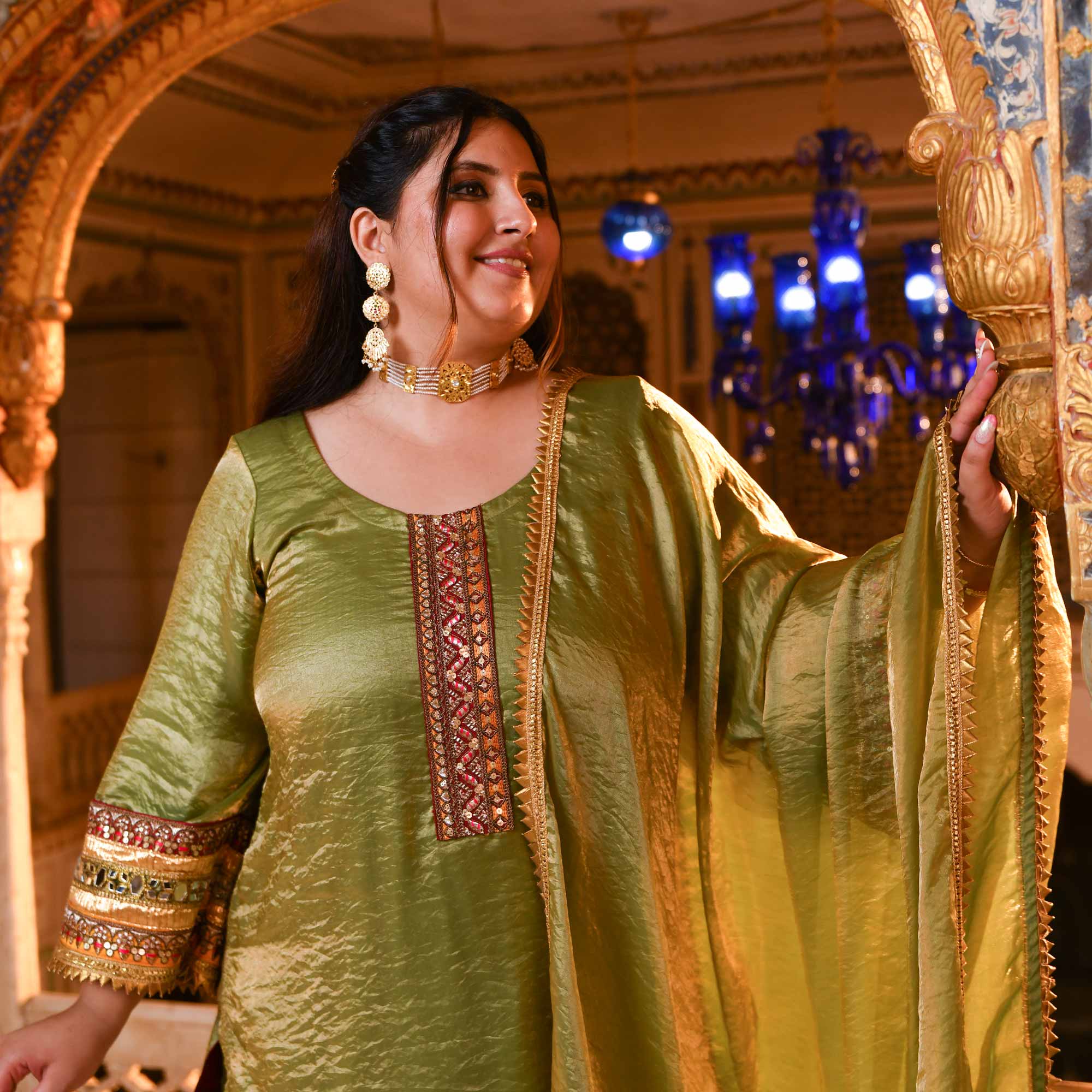 Jagmag Aaina- Mehendi Green Tissue Silk Mirror Embroidered Suit Set