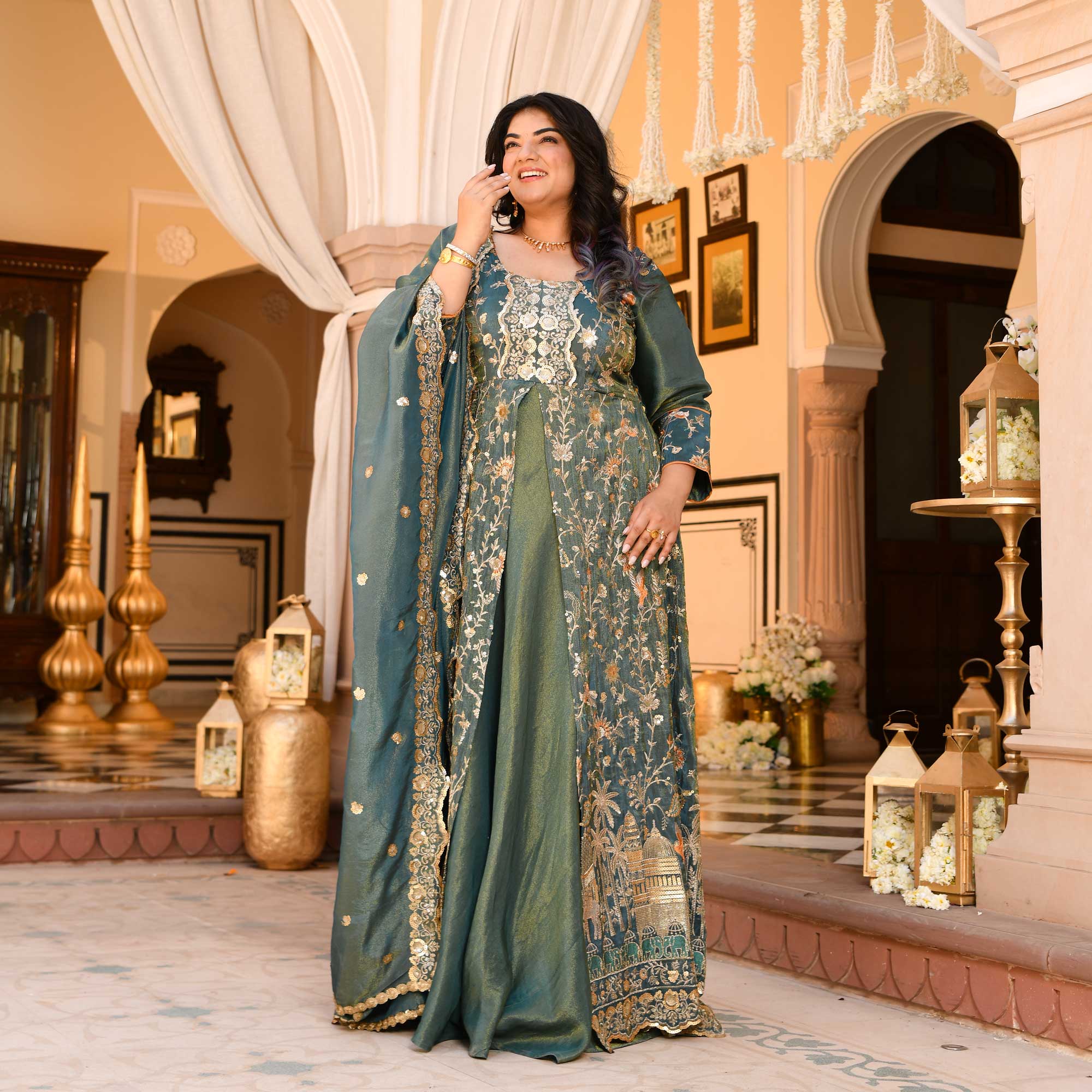 Gayatri- Teal Green Sequin & Thread Embroidered Pure Tissue Silk Anarkali Dress