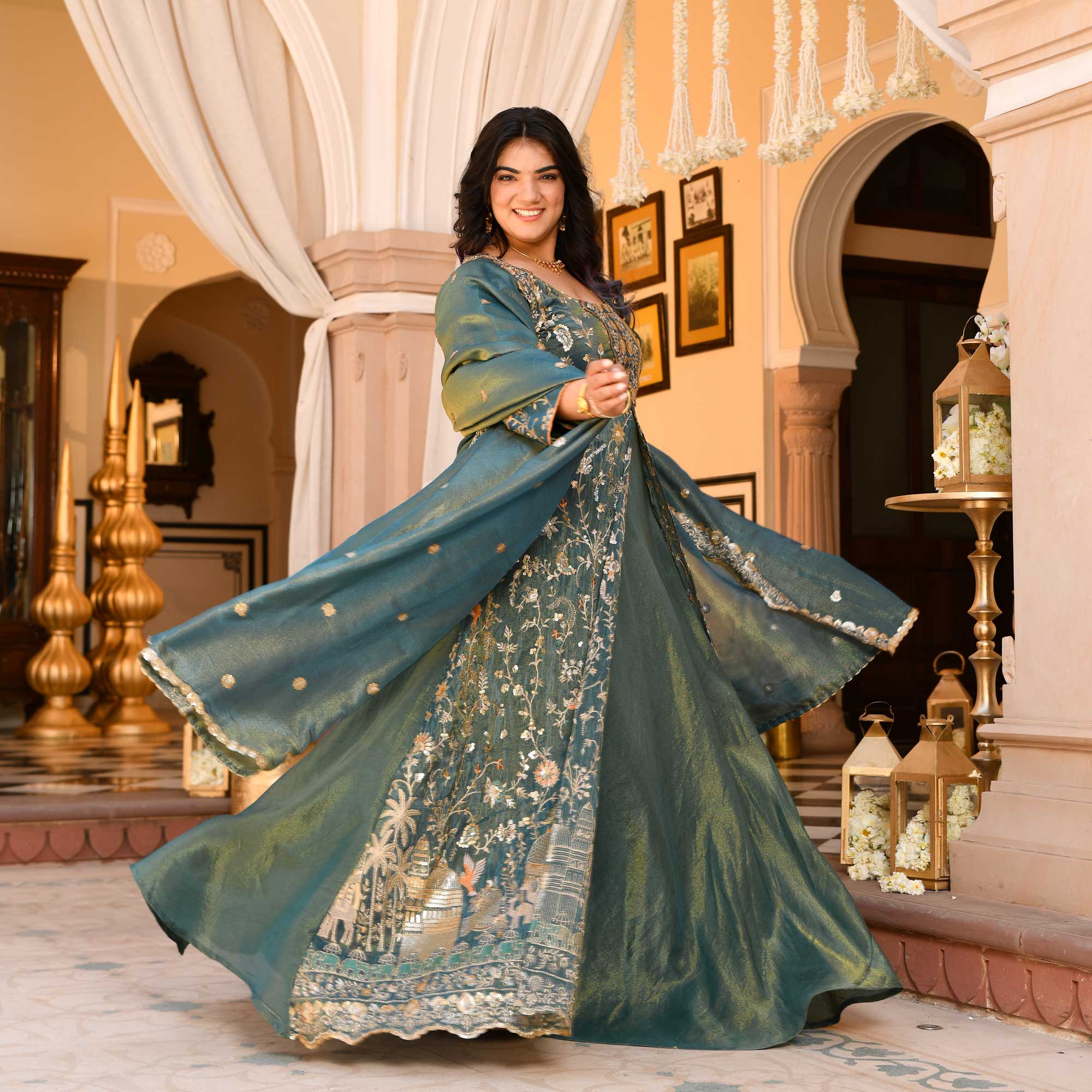 Gayatri- Teal Green Sequin & Thread Embroidered Pure Tissue Silk Anarkali Dress