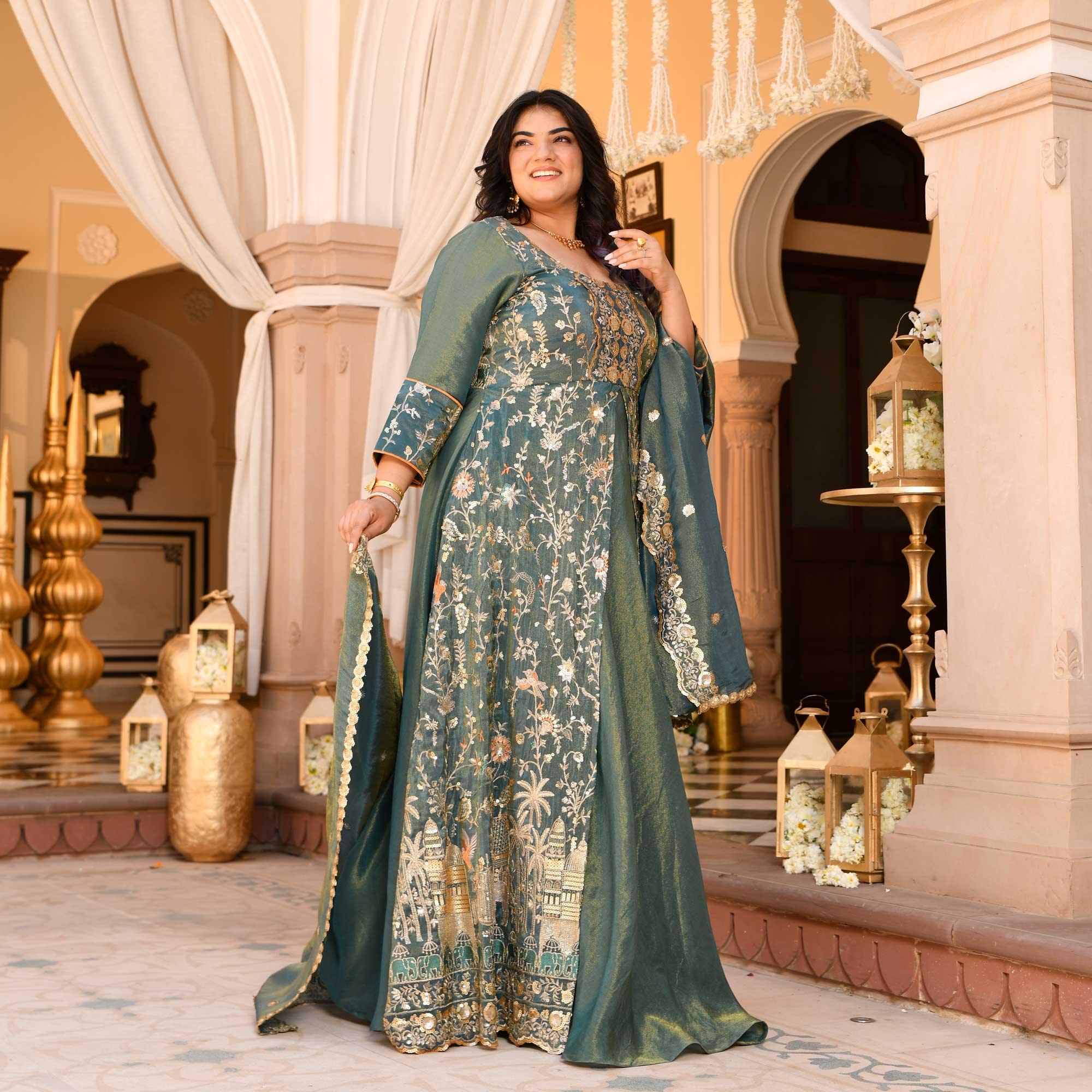 Gayatri- Teal Green Sequin & Thread Embroidered Pure Tissue Silk Anarkali Dress