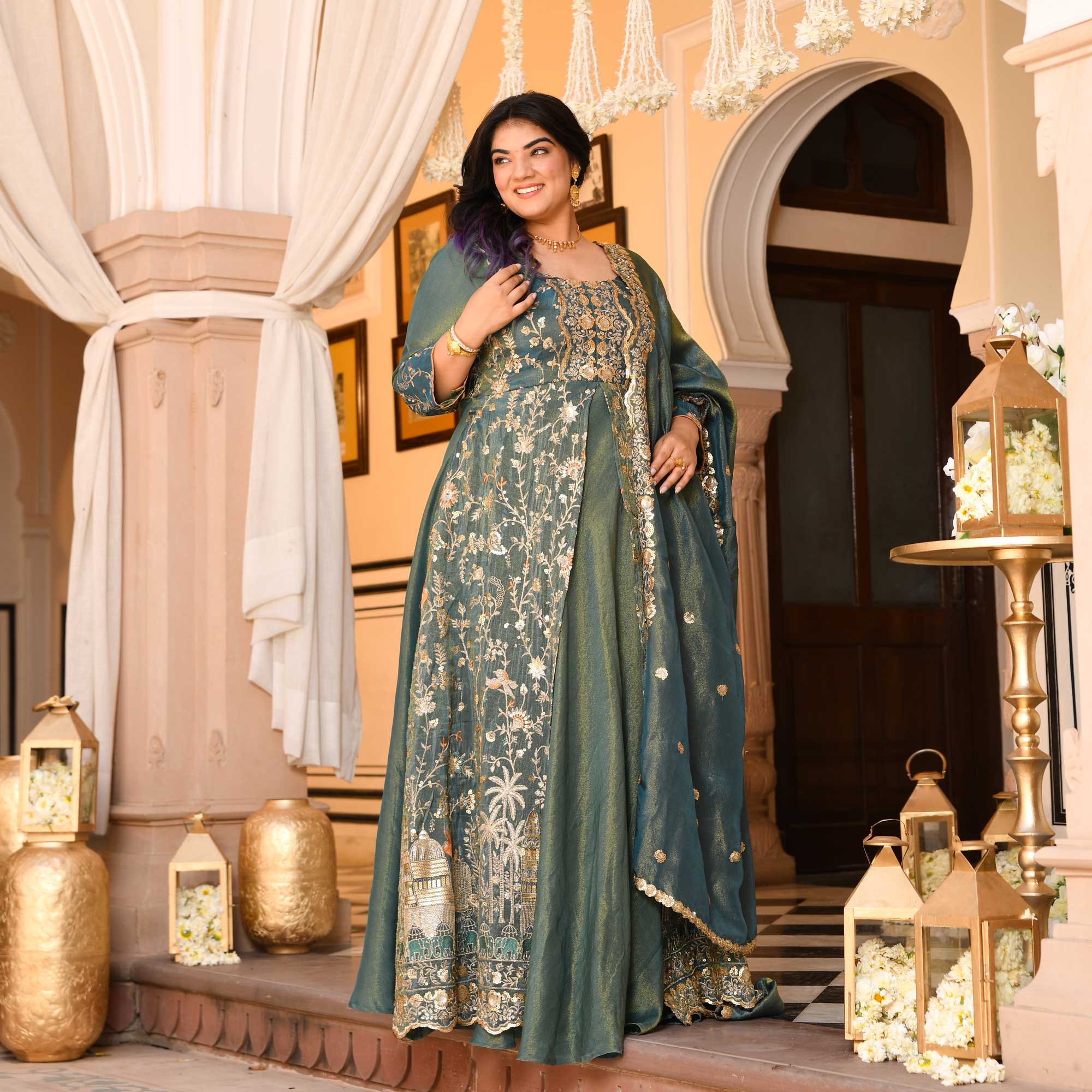 Gayatri- Teal Green Sequin & Thread Embroidered Pure Tissue Silk Anarkali Dress
