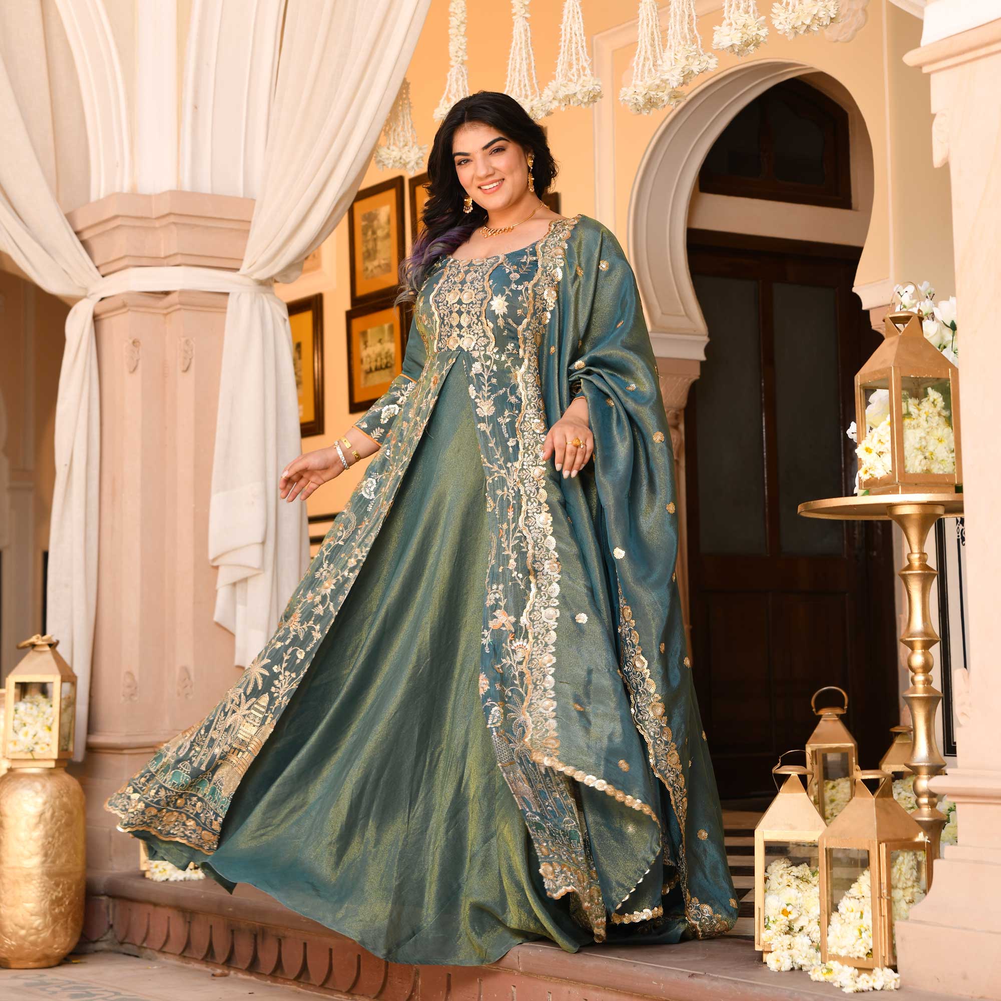 Gayatri- Teal Green Sequin & Thread Embroidered Pure Tissue Silk Anarkali Dress