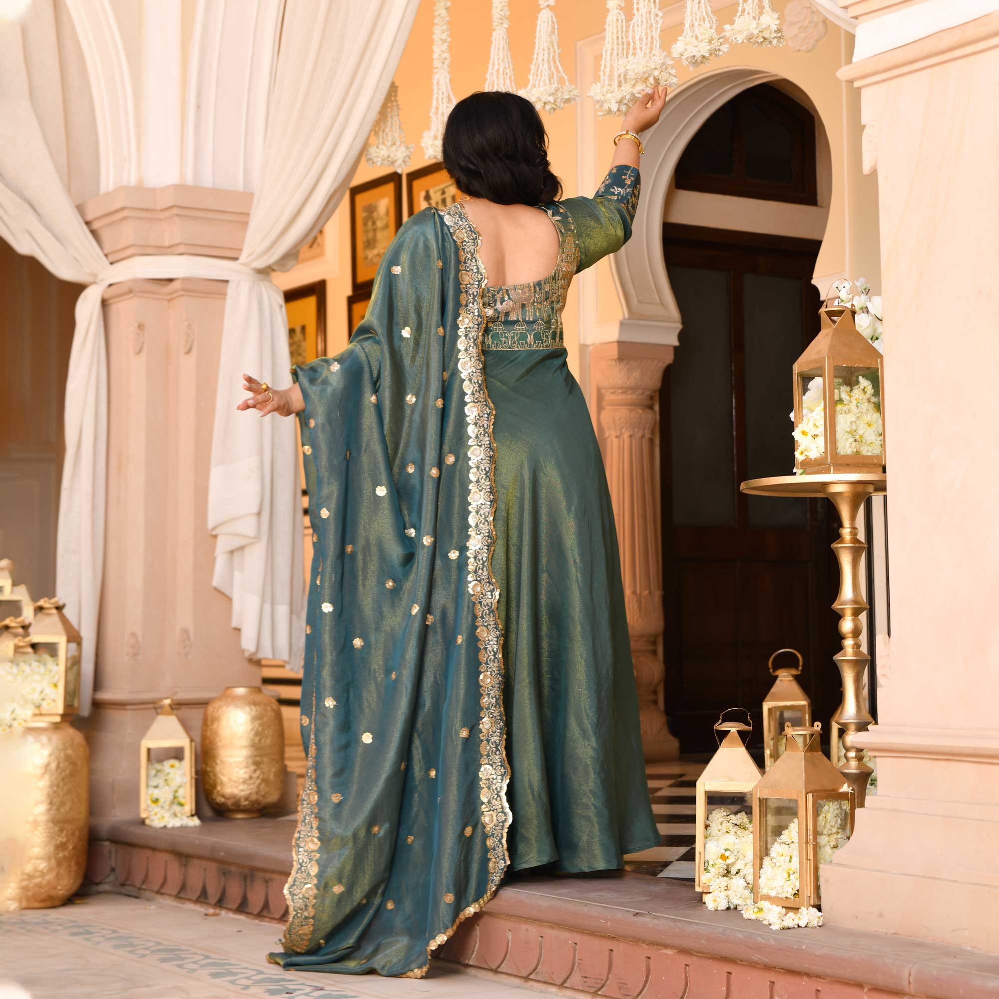 Gayatri- Teal Green Sequin & Thread Embroidered Pure Tissue Silk Anarkali Dress