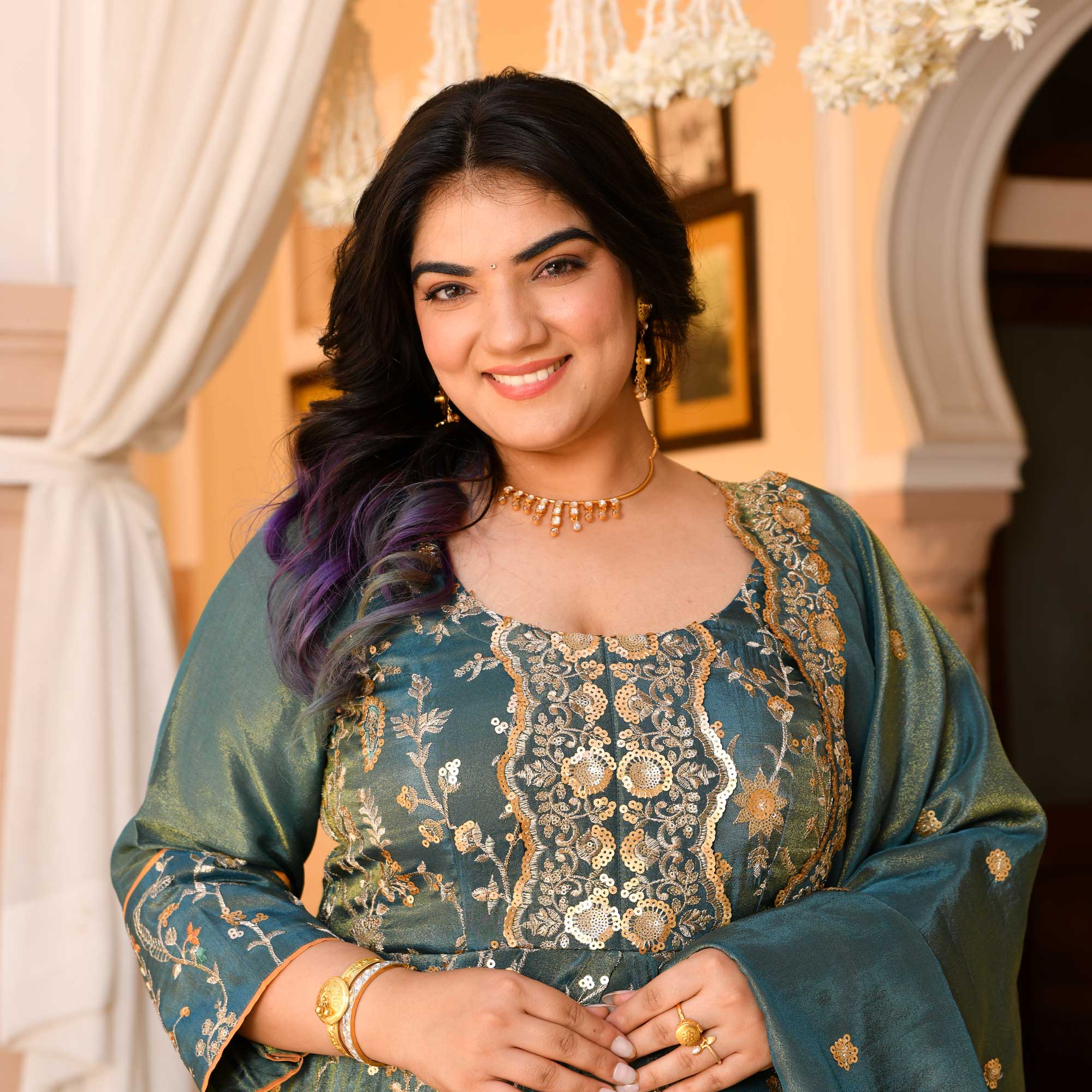 Gayatri- Teal Green Sequin & Thread Embroidered Pure Tissue Silk Anarkali Dress