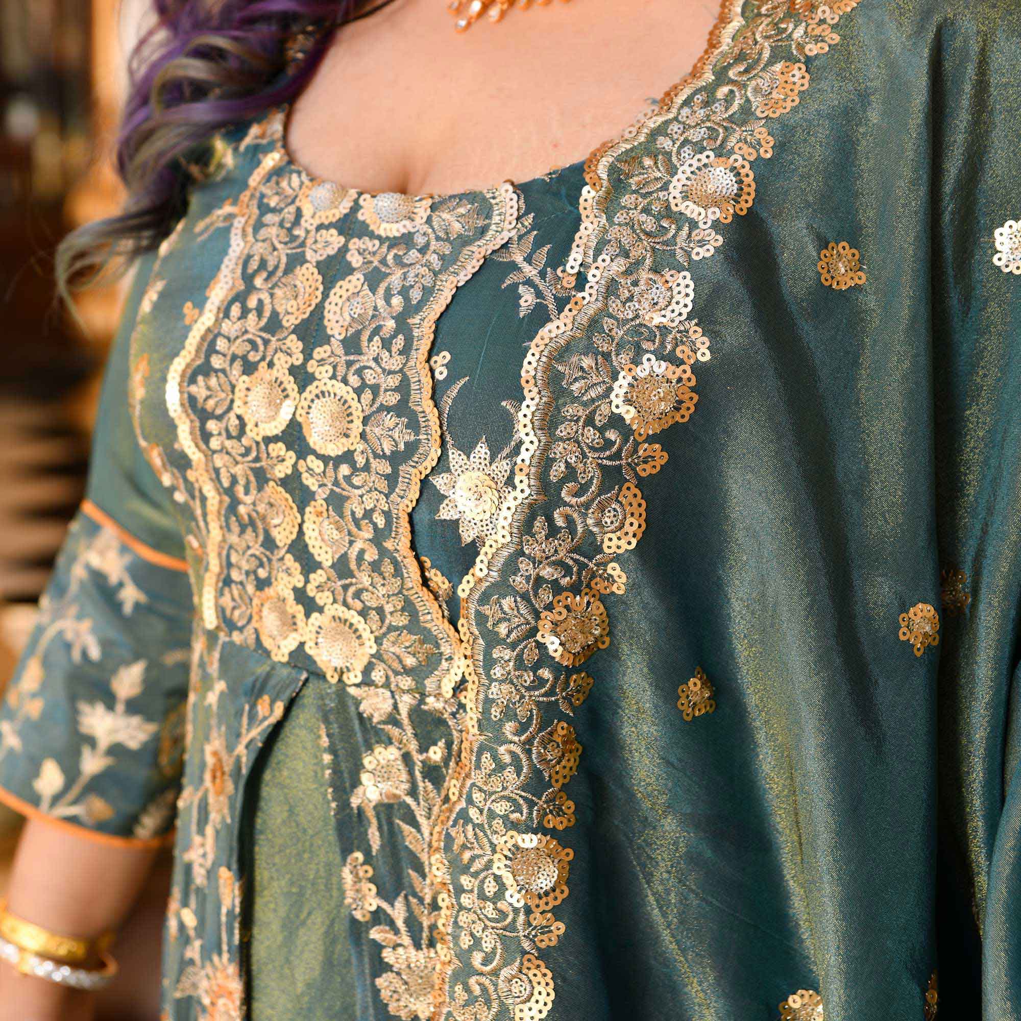 Gayatri- Teal Green Sequin & Thread Embroidered Pure Tissue Silk Anarkali Dress