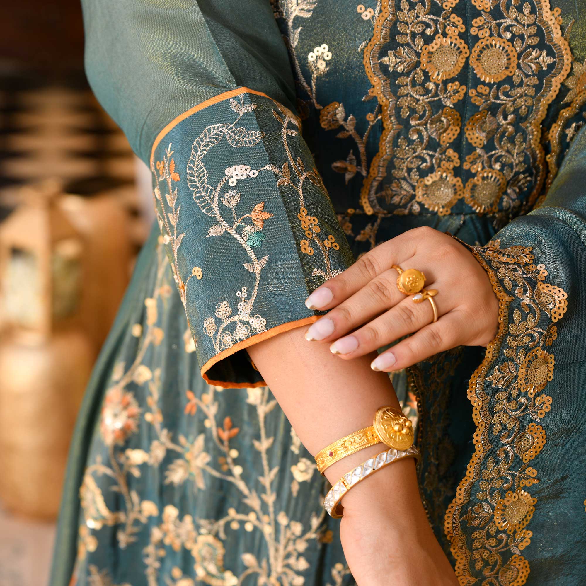 Gayatri- Teal Green Sequin & Thread Embroidered Pure Tissue Silk Anarkali Dress
