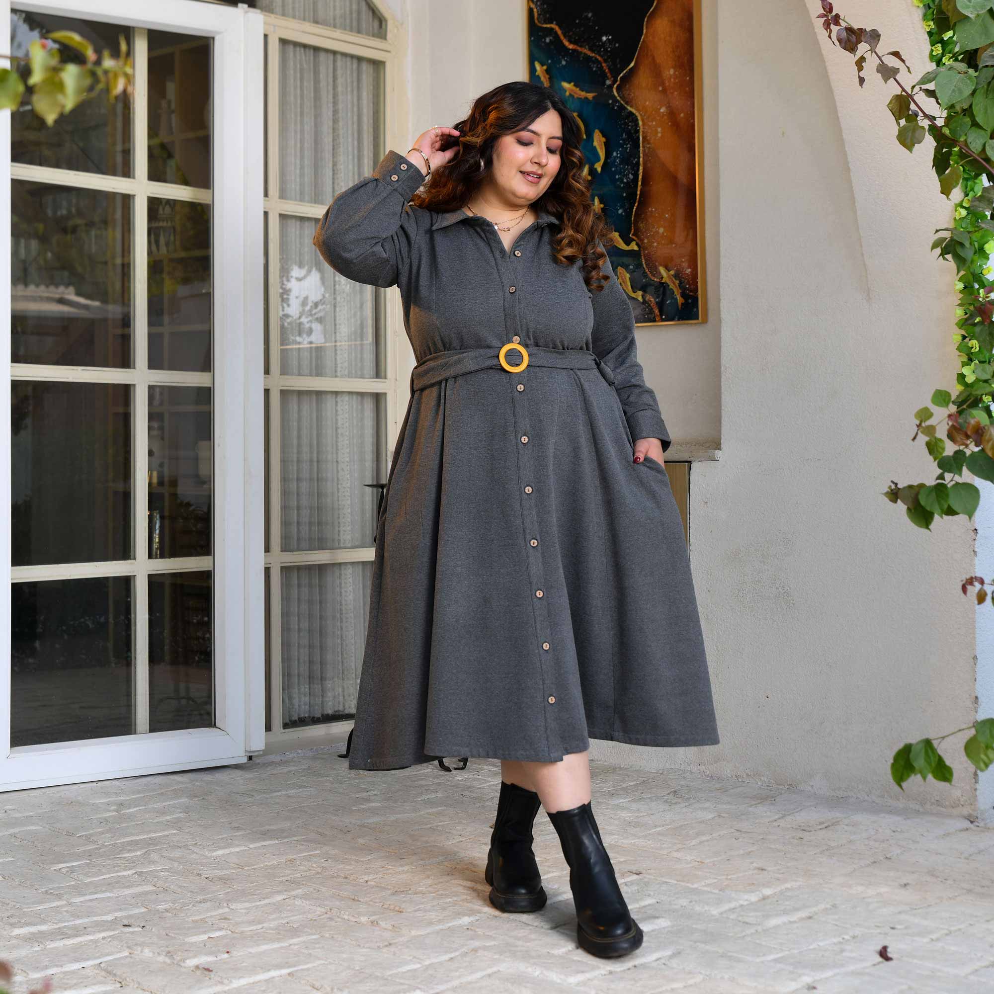 Buy Carbon Grey Woollen Fleece Aline Dress | Meera Plus Size Buy Carbon Grey Woollen Fleece Aline Dress | Meera Plus Size