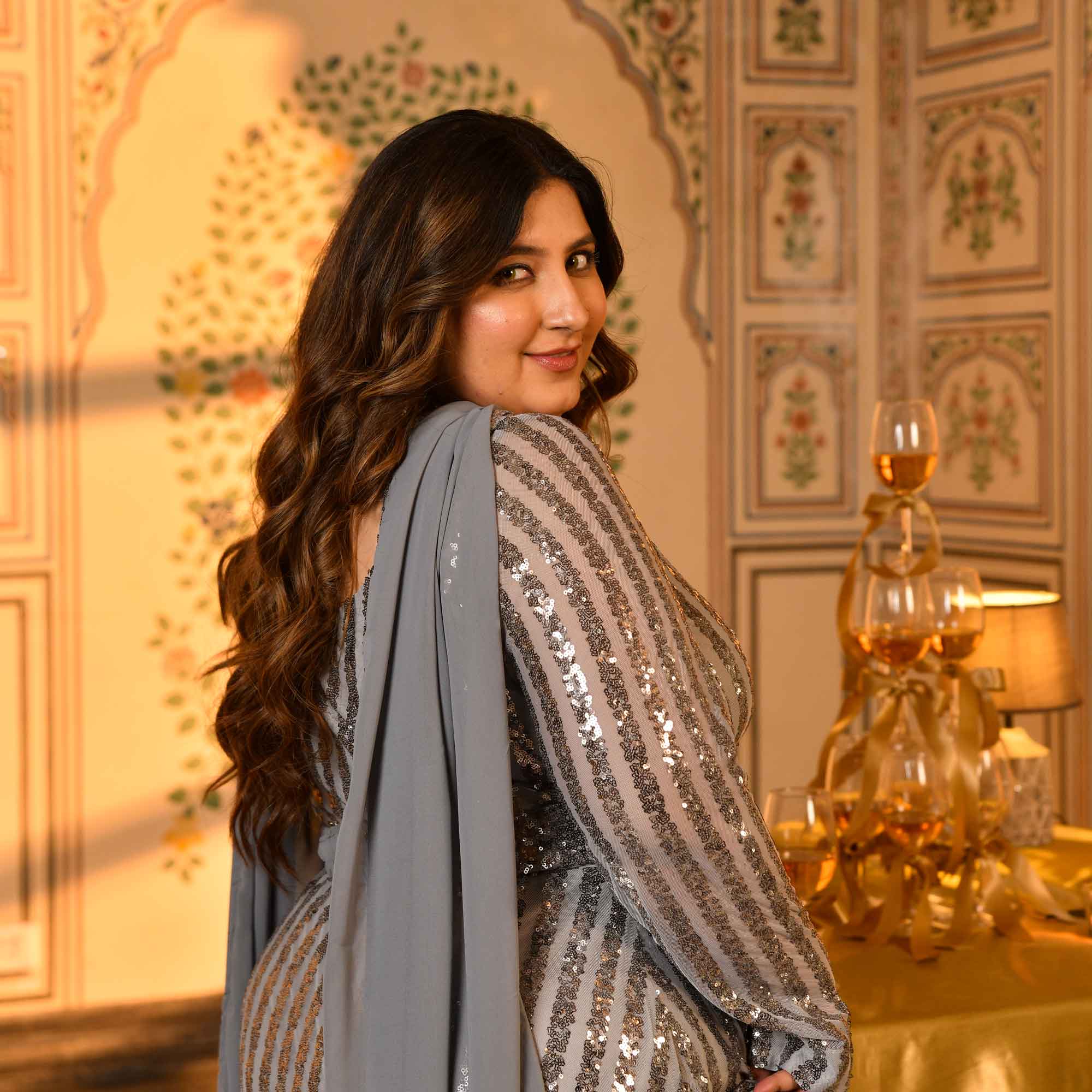 Gin- Metallic Grey Sequin Embellished Stretchable Long Dress with Stole